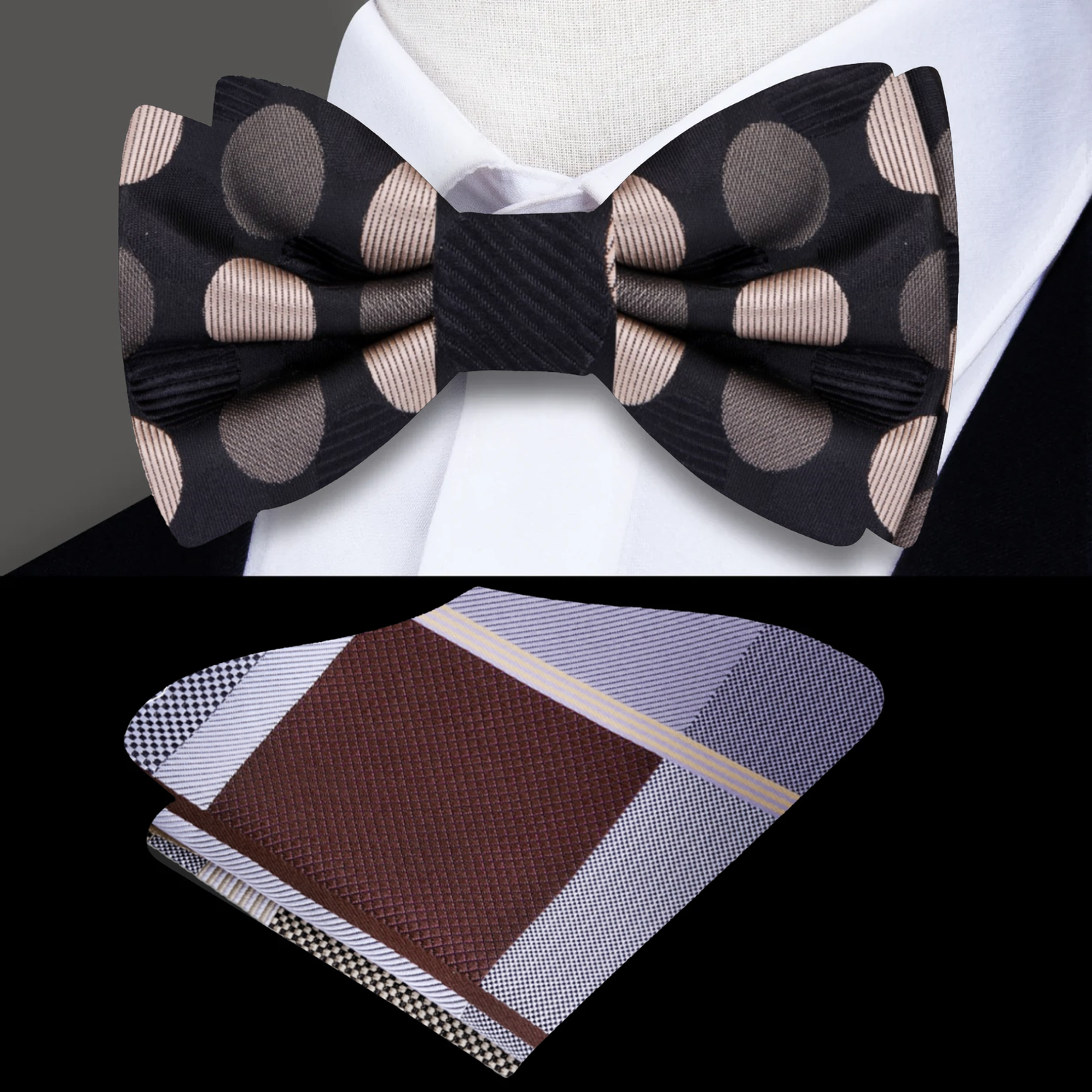 Black, Gold Polka Bow Tie and Grey Geometric Square