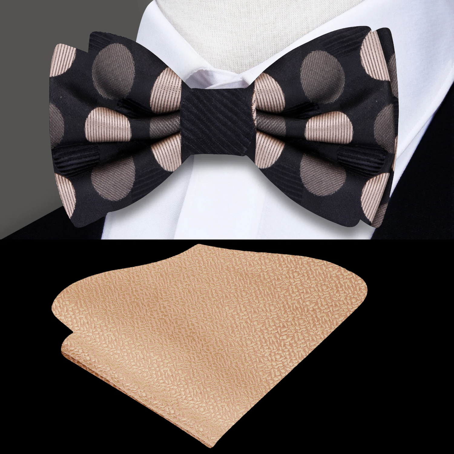Black, Gold Polka Bow Tie and Gold Pocket Square