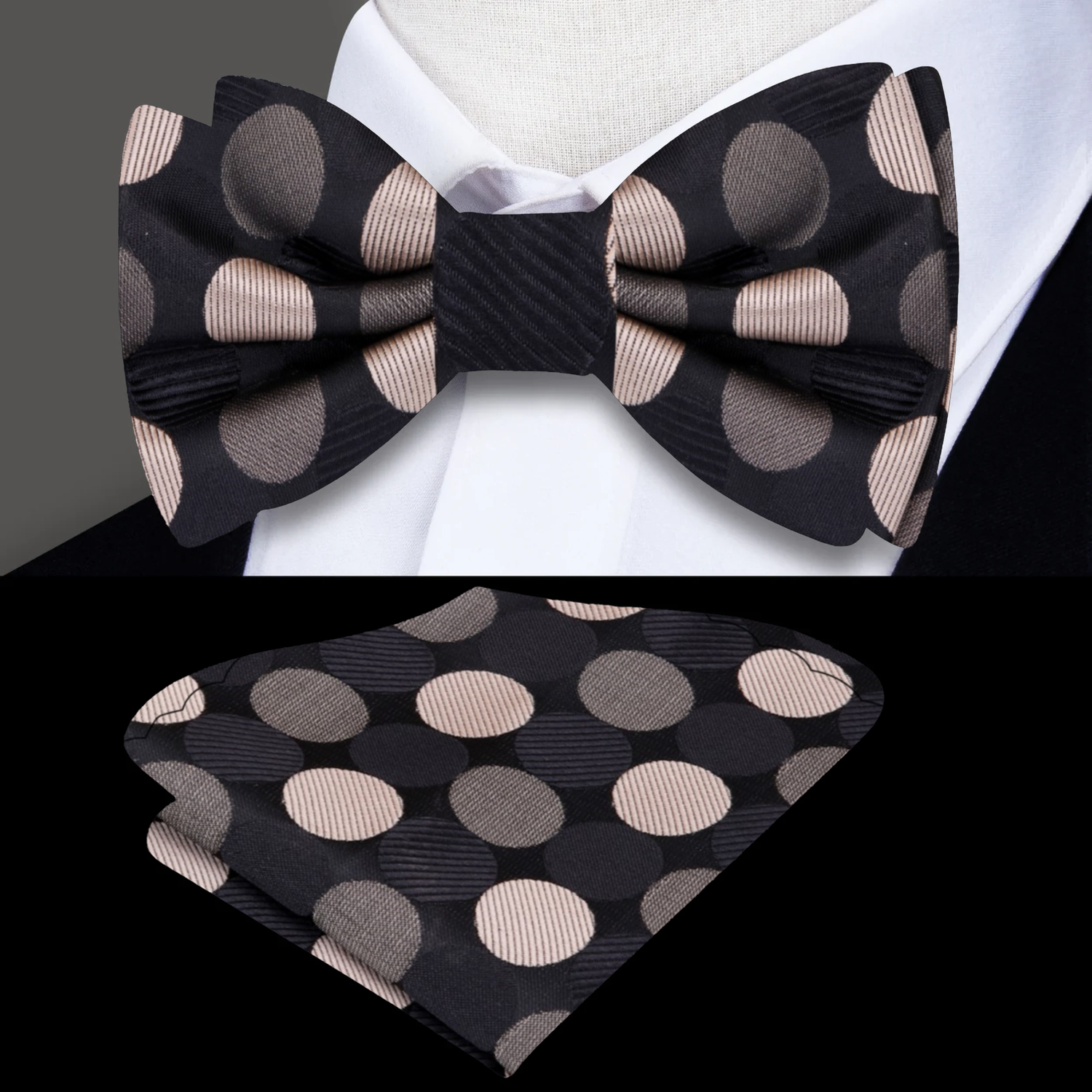 Black, Gold Polka Bow Tie and Pocket Square