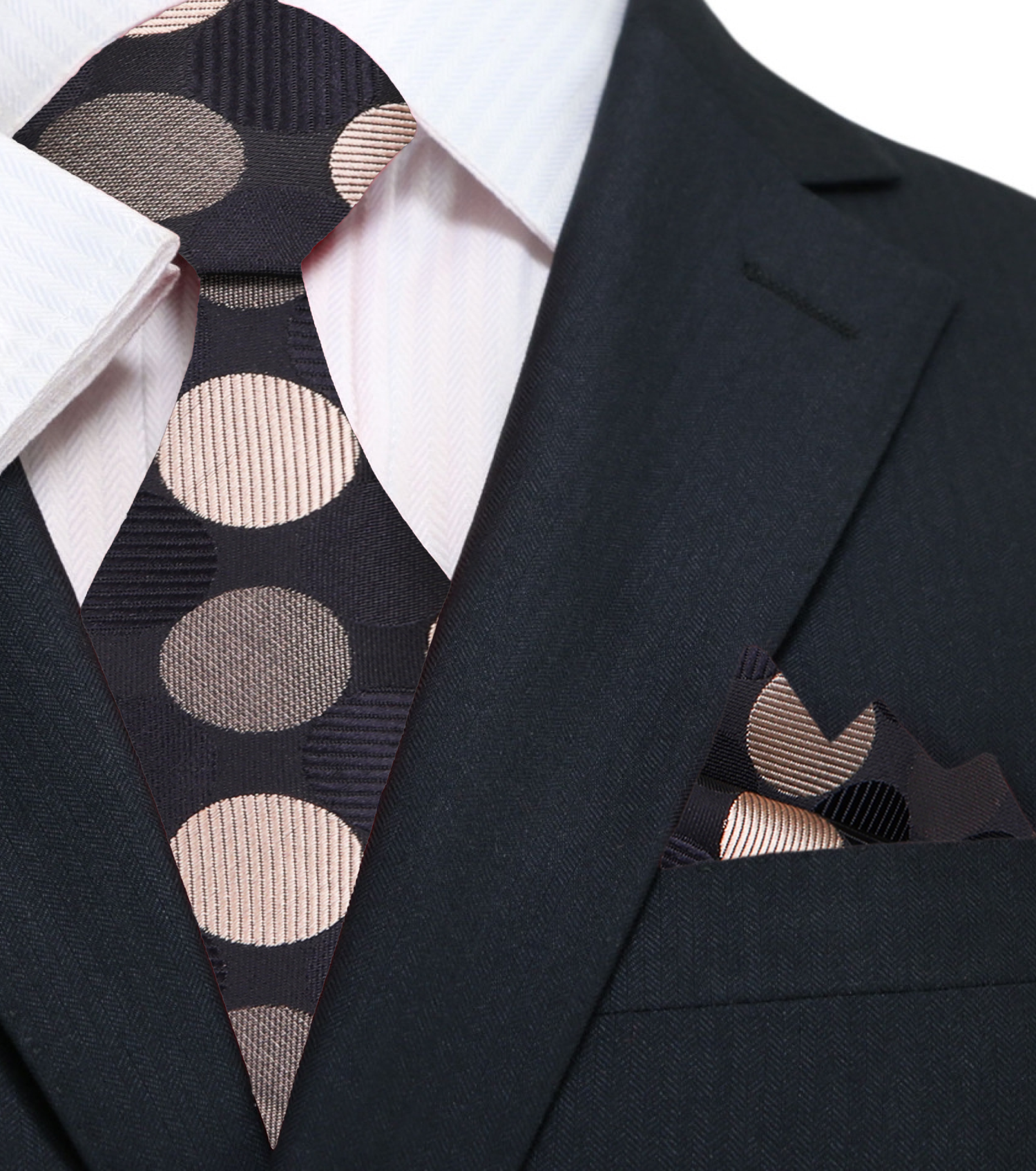 Main A Black, Brown, Gold Large Polka Dot Pattern Silk Necktie With Matching Pocket Square||Black, Tan, Gold