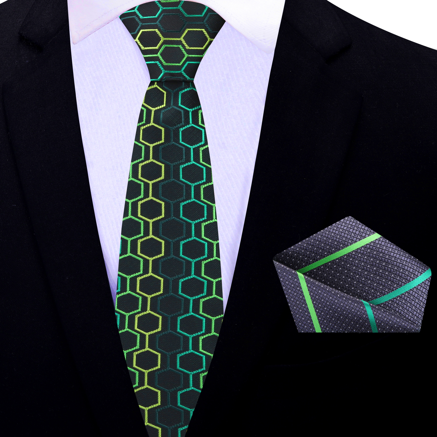 Thin Tie: Black & Green Geometric Tie and Grey Green Stripe Square
