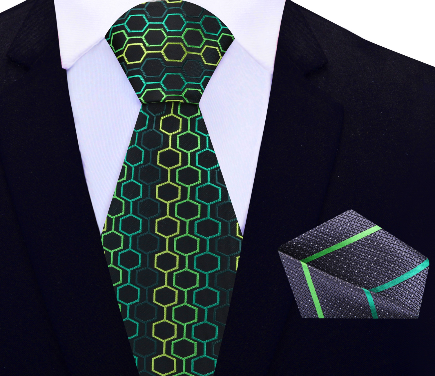 View 2: Black & Green Geometric Tie and Grey Green Stripe Square