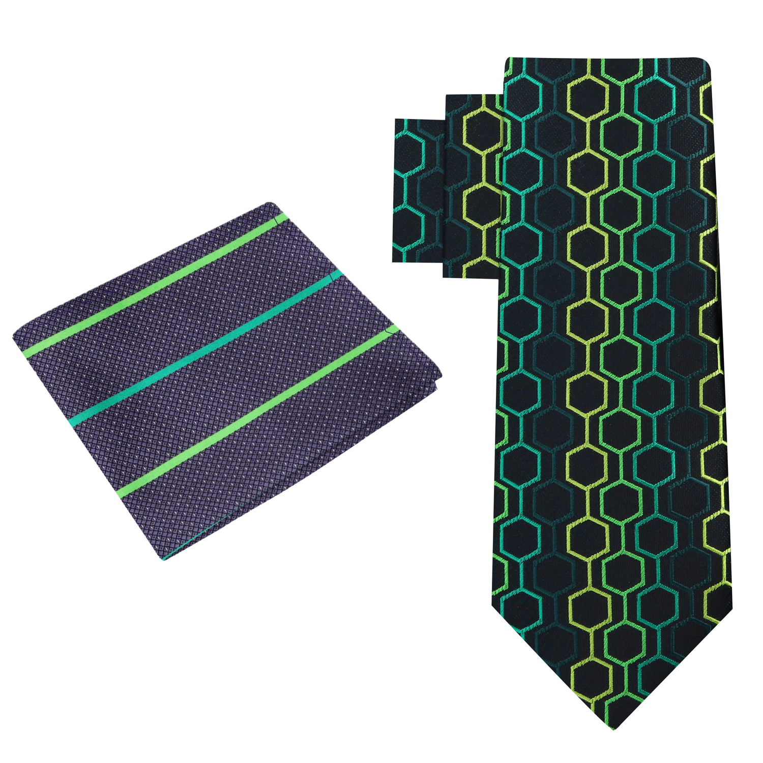 Alt View: Black & Green Geometric Tie and Grey Green Stripe Square