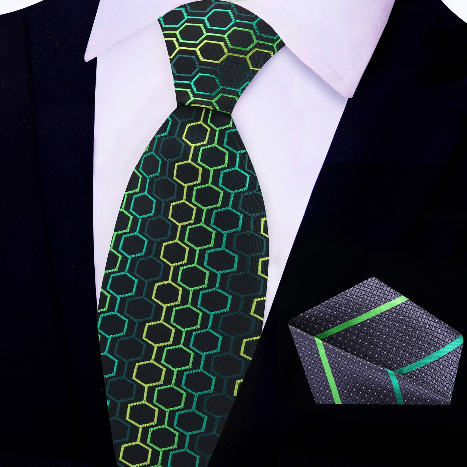Black & Green Geometric Tie and Grey Green Stripe Square