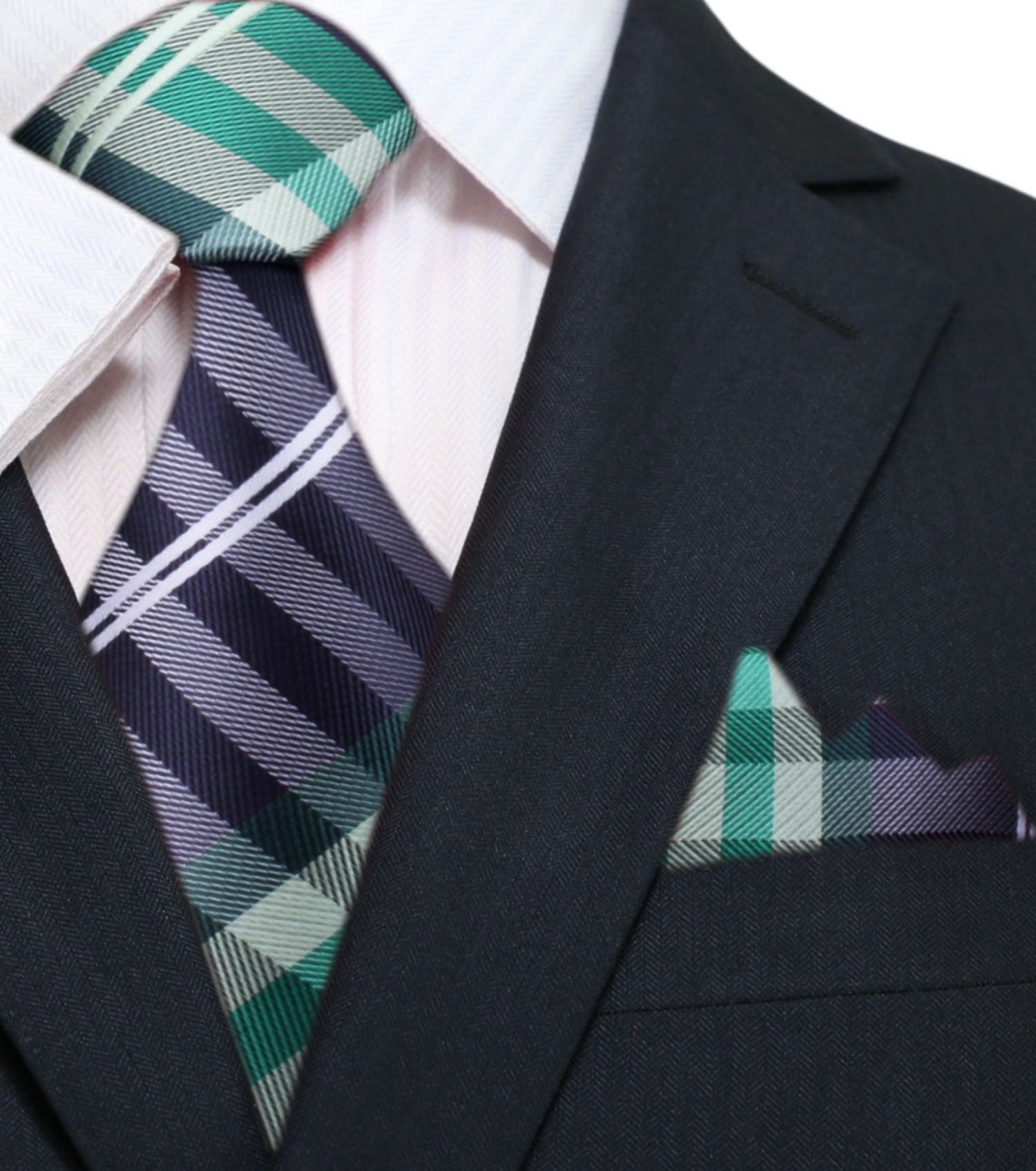 Main: A Black, Green, White Plaid Pattern Necktie With Matching Pocket Square||Green, Black, White