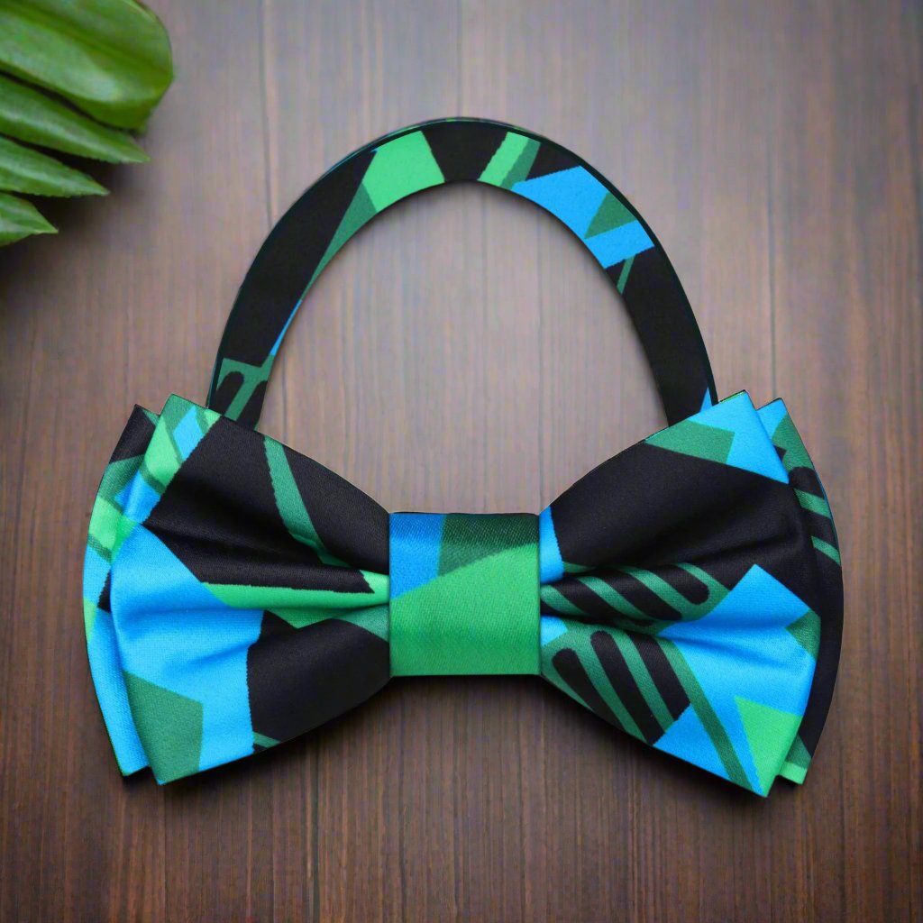 Blue, Green and Black Abstract Pre Tied Bow Tie