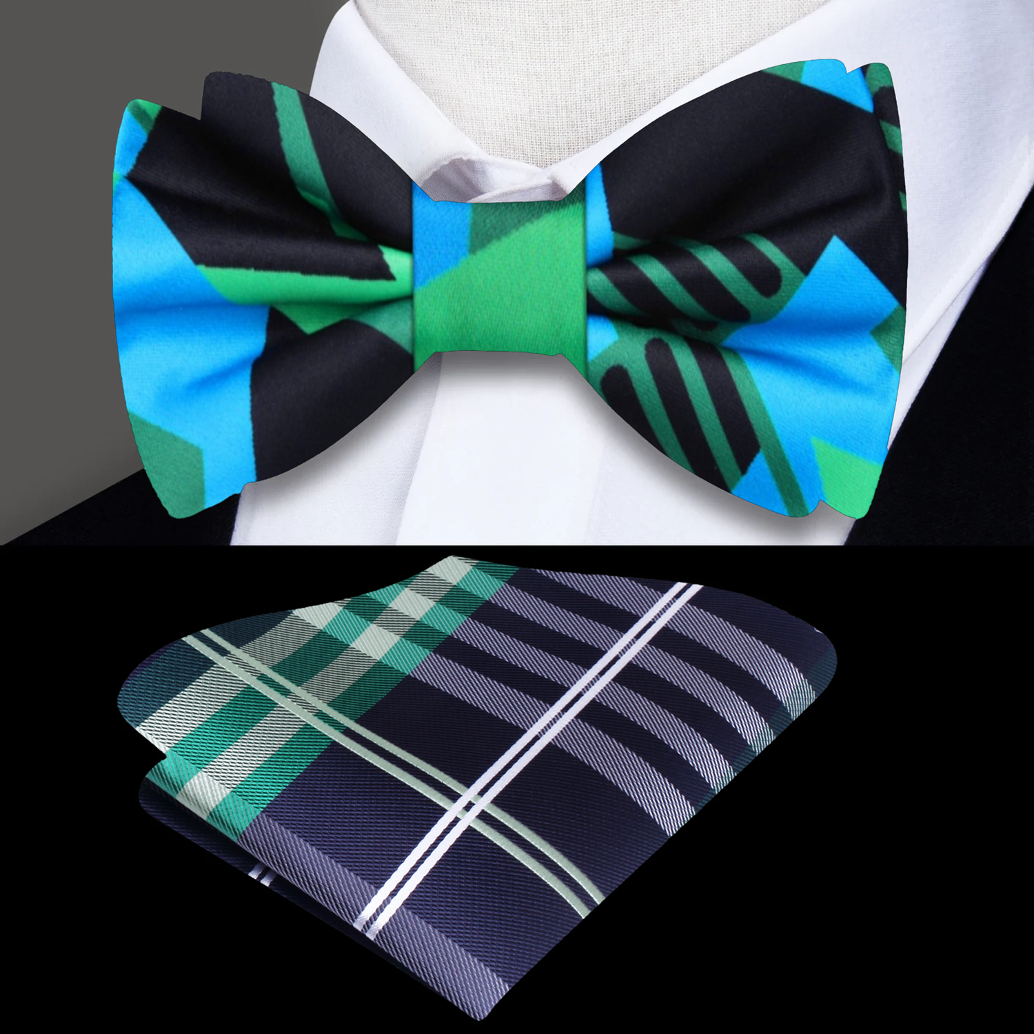 Colorful bow tie and matching pocket square on a mannequin with a white shirt.