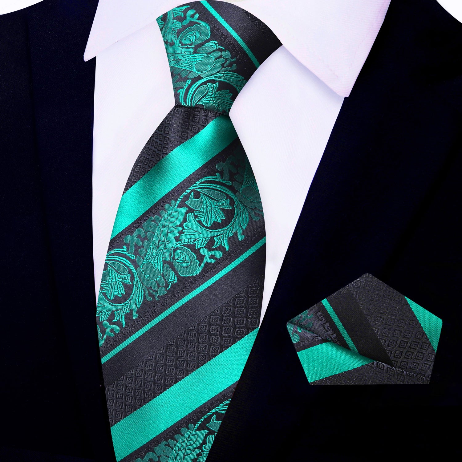 Black, Green Floral Tie and Matching Square
