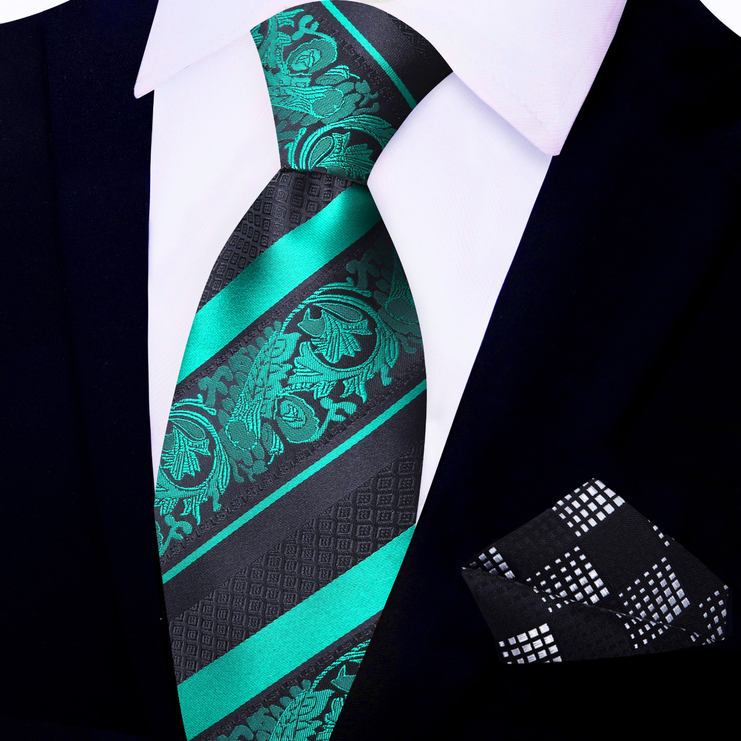 Black, Green Cadenza Paisley Necktie and Accenting Square