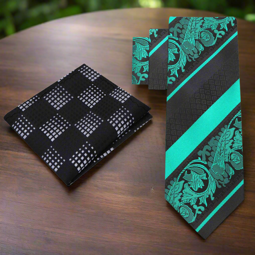 Alt: Black Green Cadenza Paisley Necktie and Accenting Black Grey Geometric Square