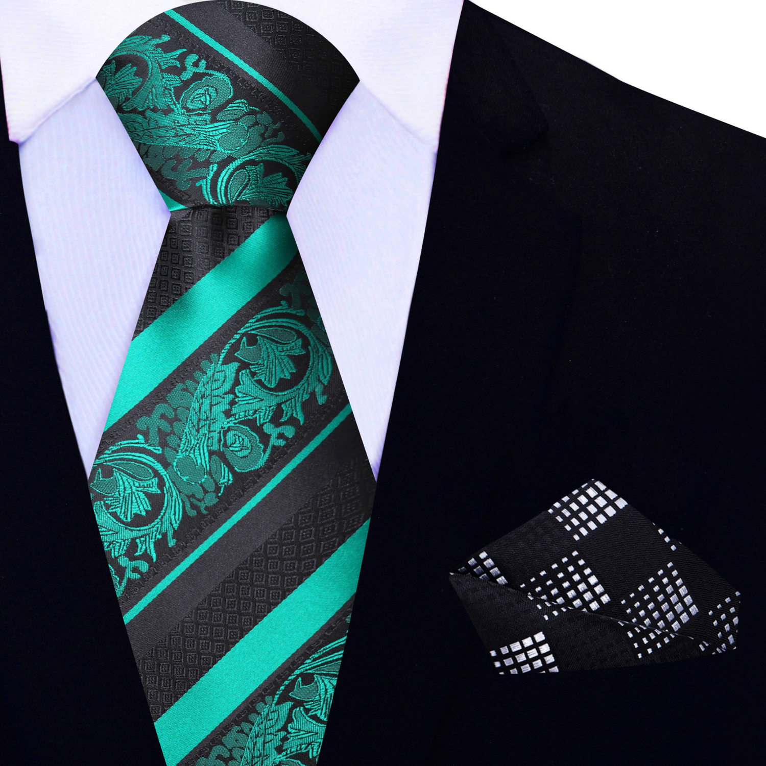 Black Green Cadenza Paisley Necktie and Accenting Black Grey Geometric Square