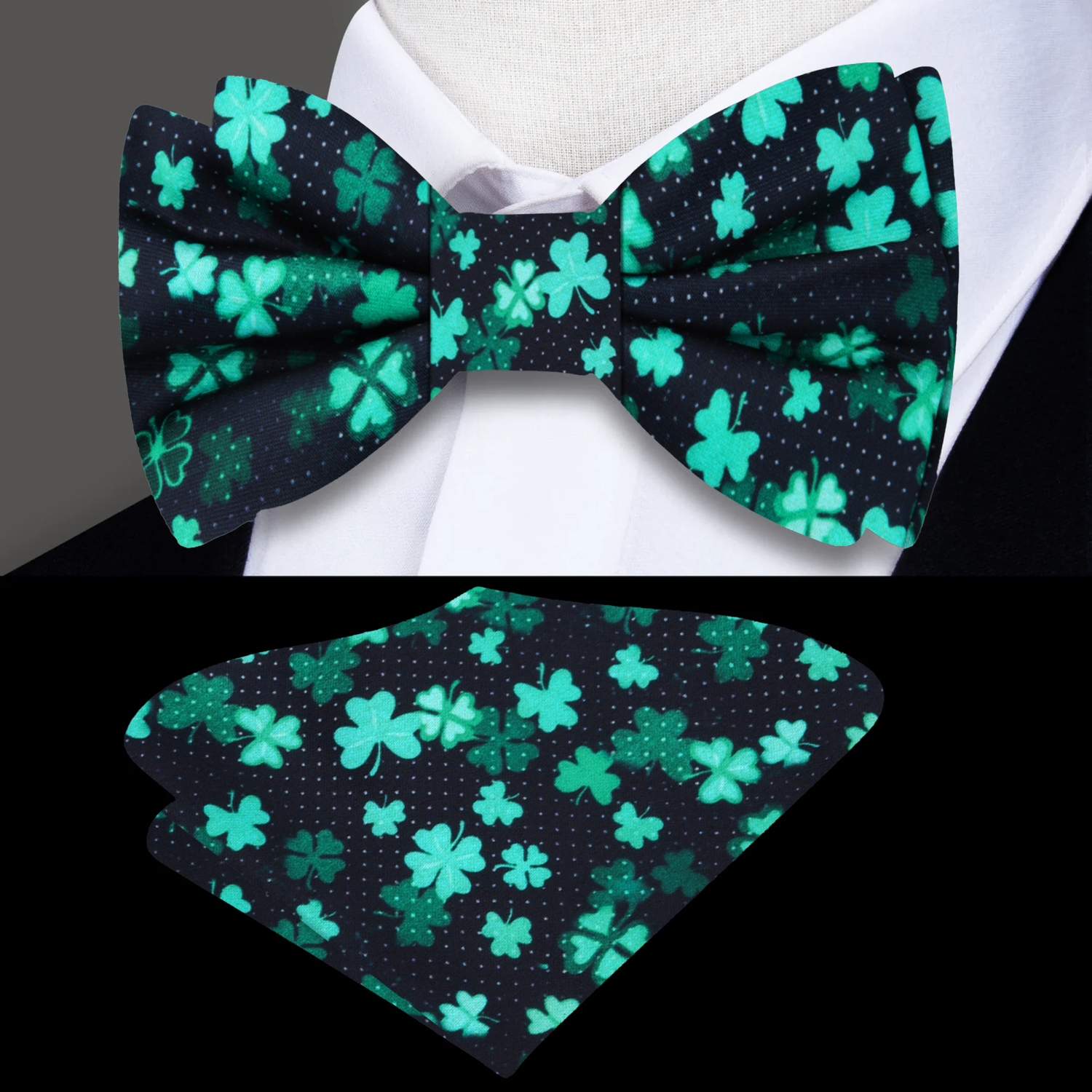 Black and Green Four Leaf Clovers Bow Tie and Square