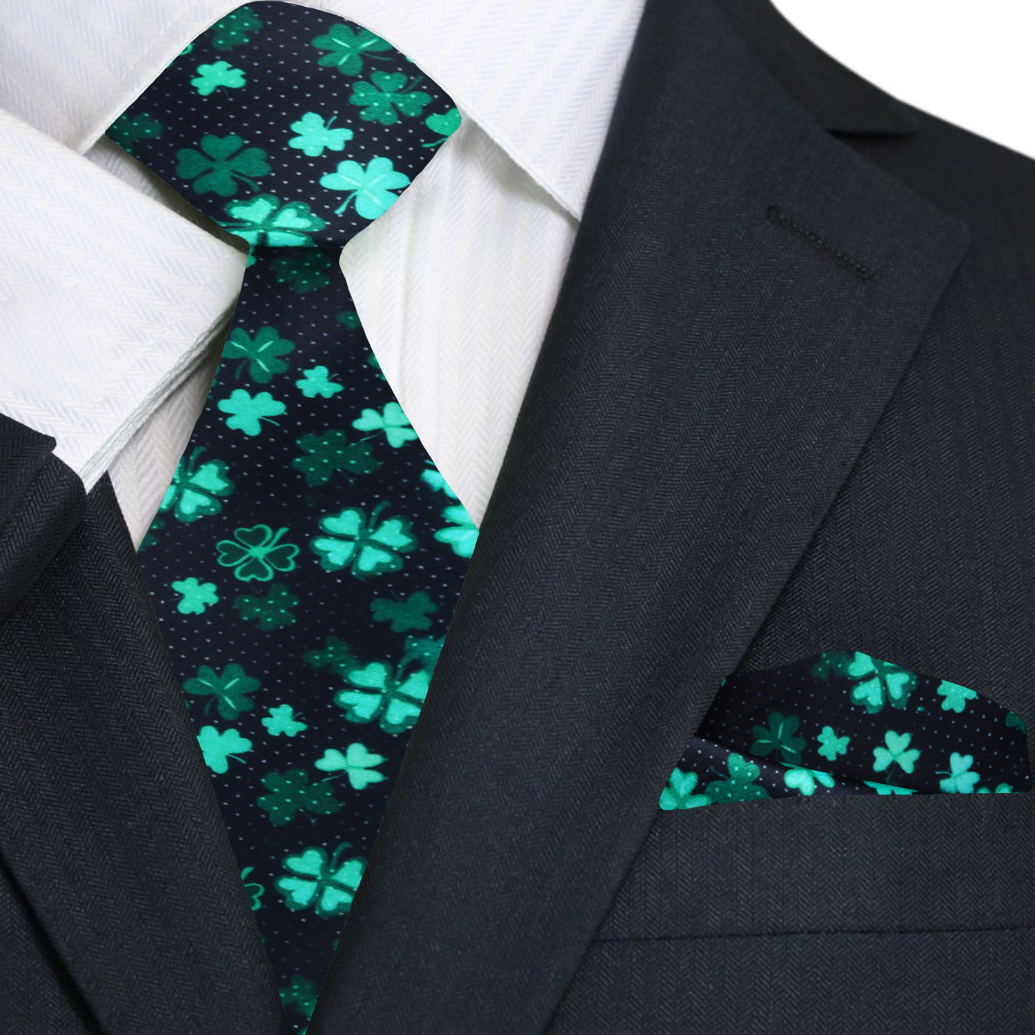 Black, Green Clovers Necktie and Square