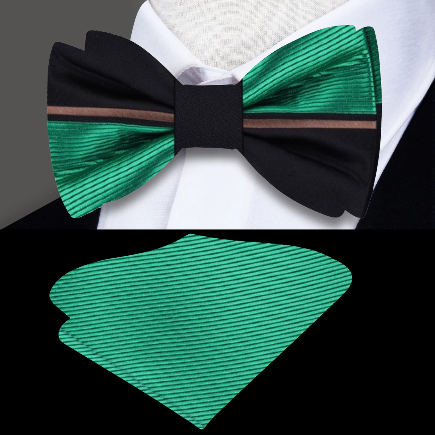 Green, Black Lined Bow Tie and Pocket Square||Green, Black
