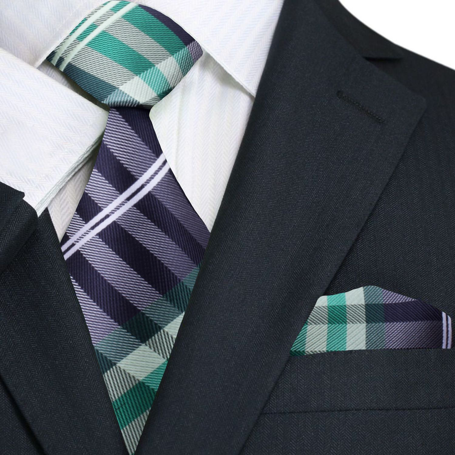 Main: A Black, Green, White Plaid Pattern Necktie With Matching Pocket Square||Green, Black, White