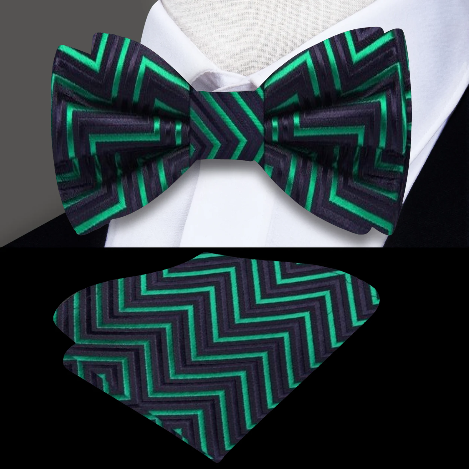 Black, Green Geometric Bow Tie and Pocket Square||Black, Green