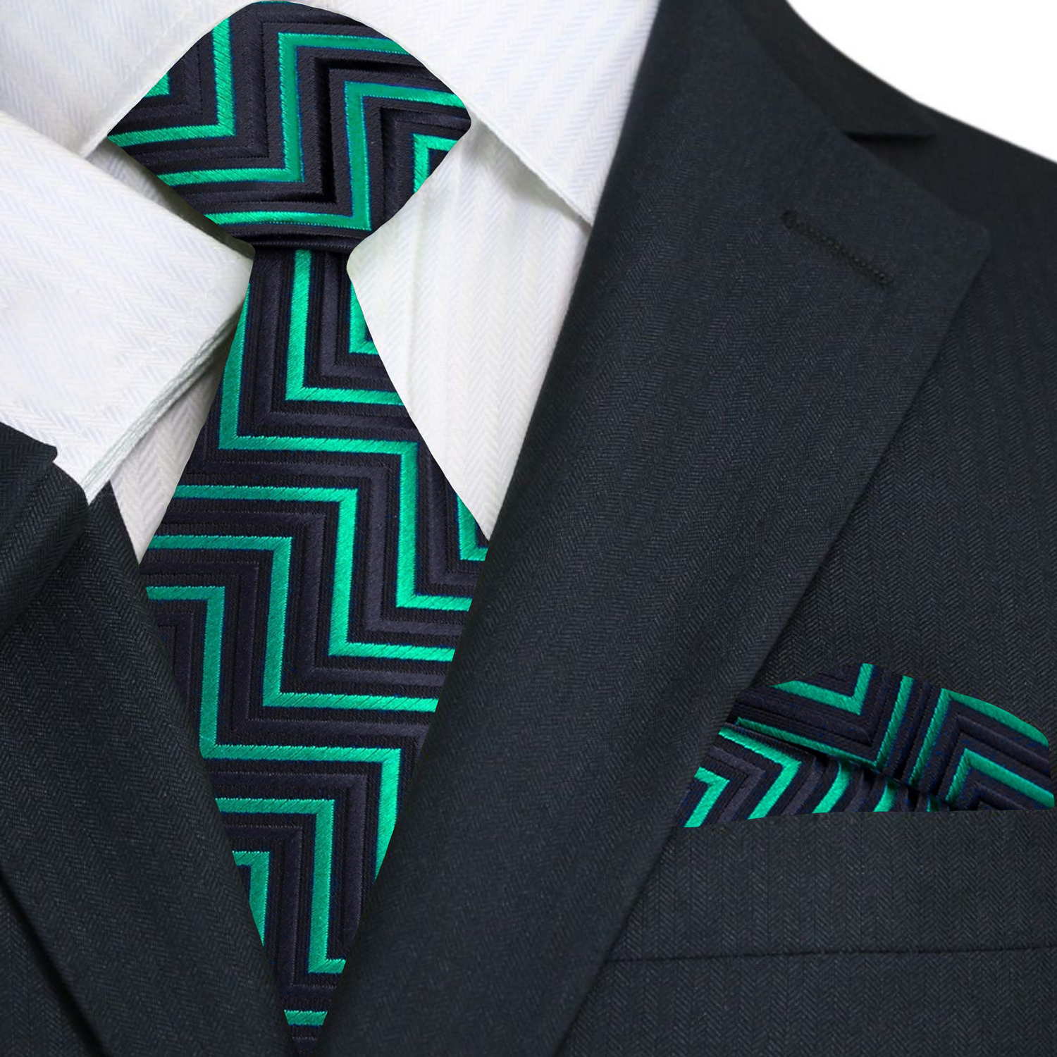 Premium A Green, Black Geometric Pattern Silk Necktie With Matching Pocket Square