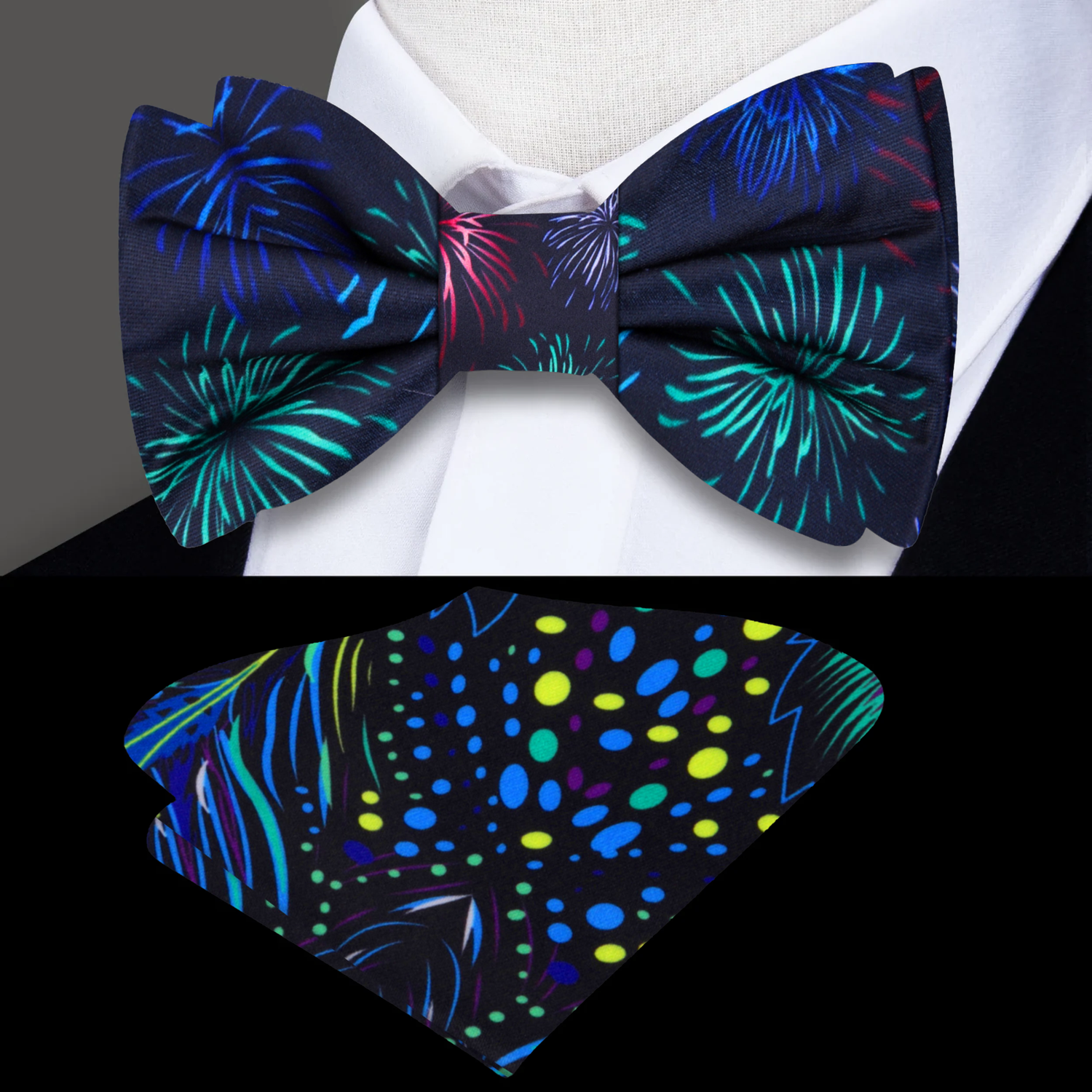 Black Green Red Blue Fireworks Bow Tie and Accenting Square