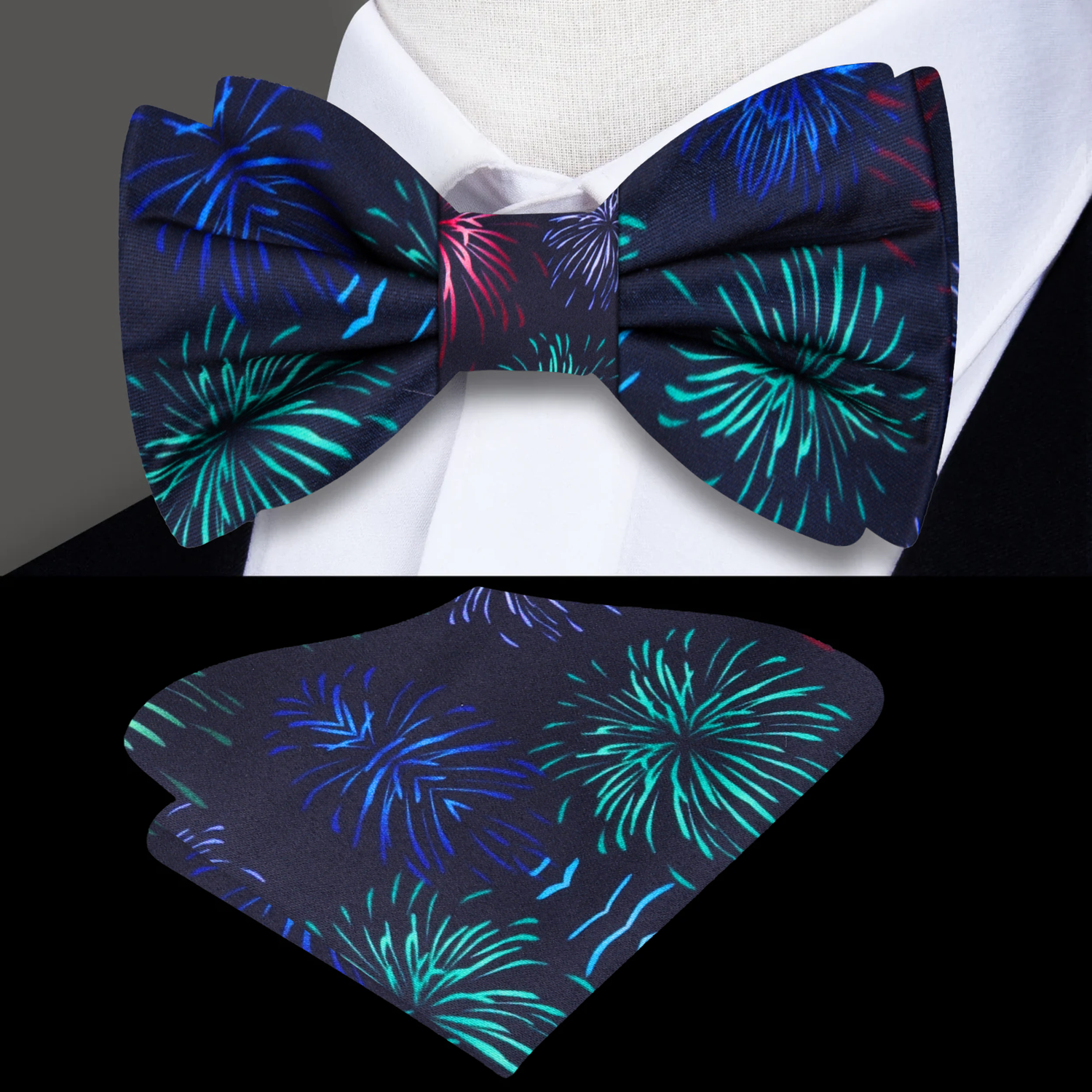 Black Green Red Blue Fireworks Bow Tie and Square