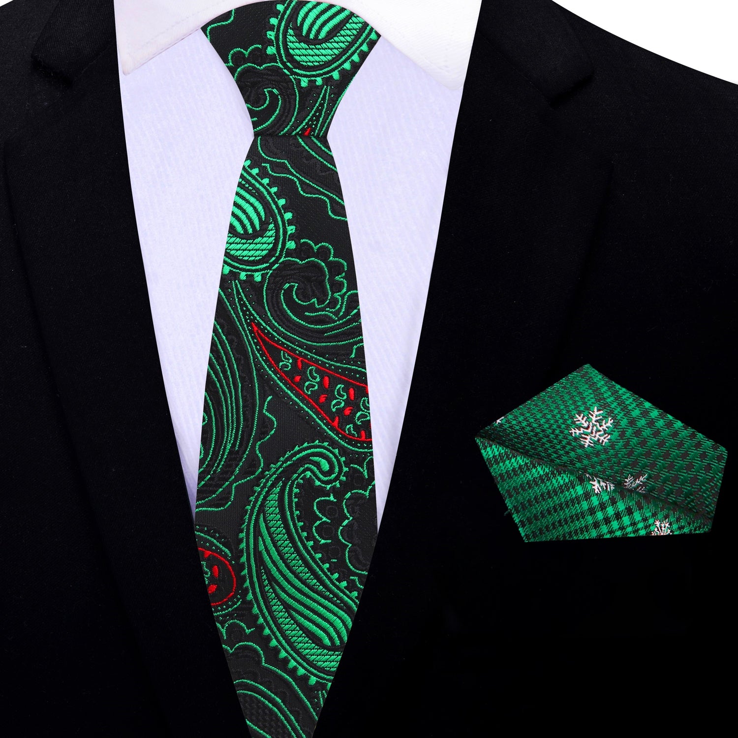 Thin Tie: Black Green Red Paisley Christmas At Midnight Tie and Accenting Square