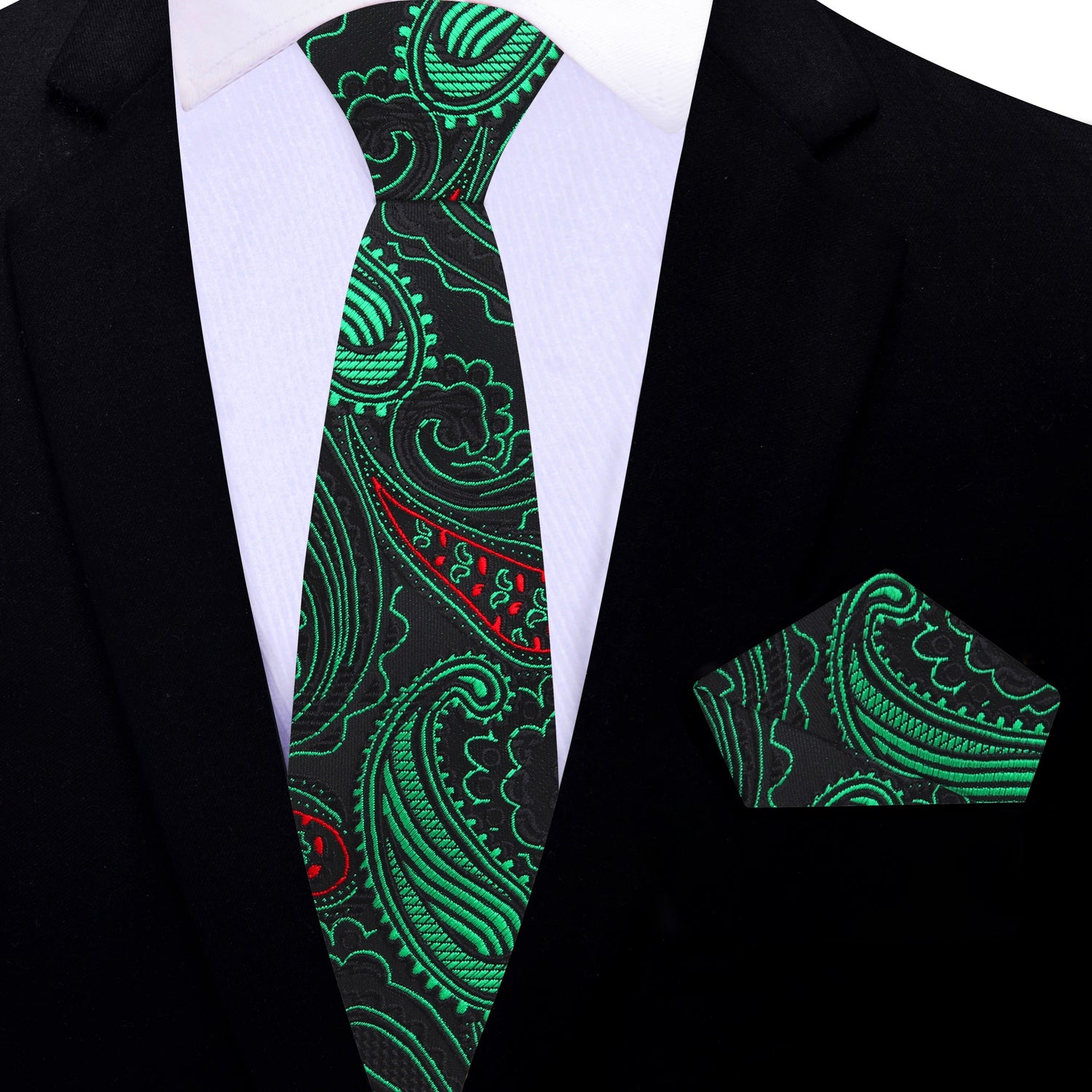 Thin Tie: Black, Green, Red Paisley Tie and Pocket Square