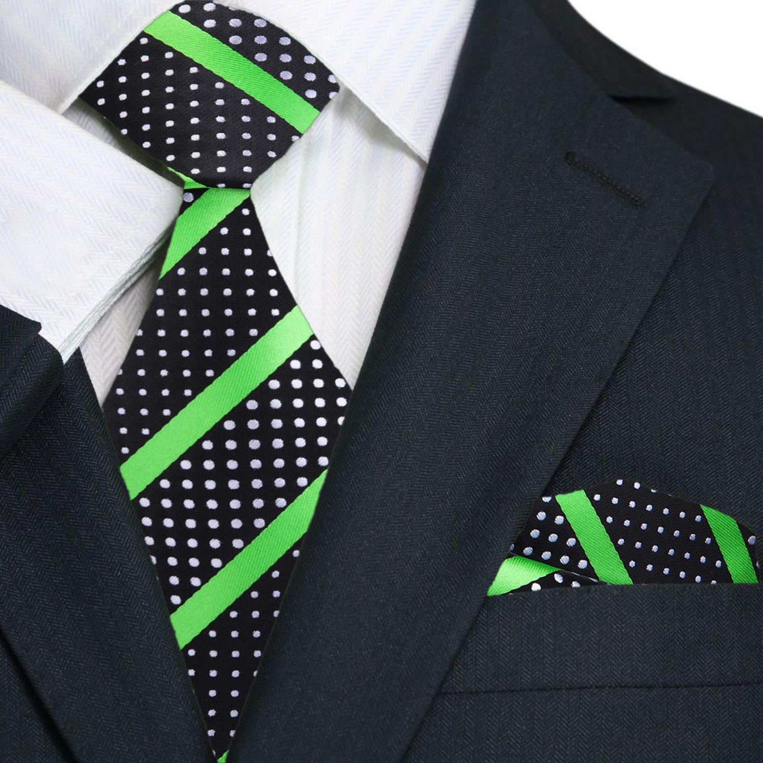 A Black Silk Background With Bright Green Stripes And White Dots Necktie With Matching Pocket Square