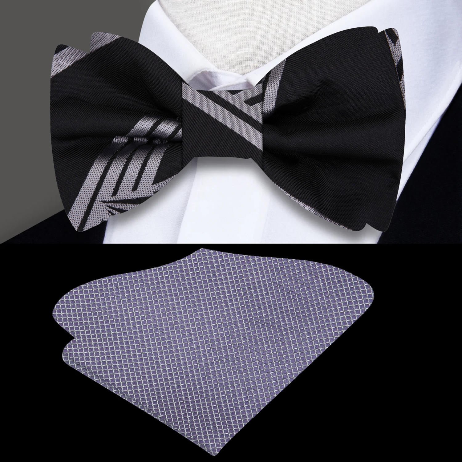 Black, Grey Geometric Bow Tie and Grey Pocket Square