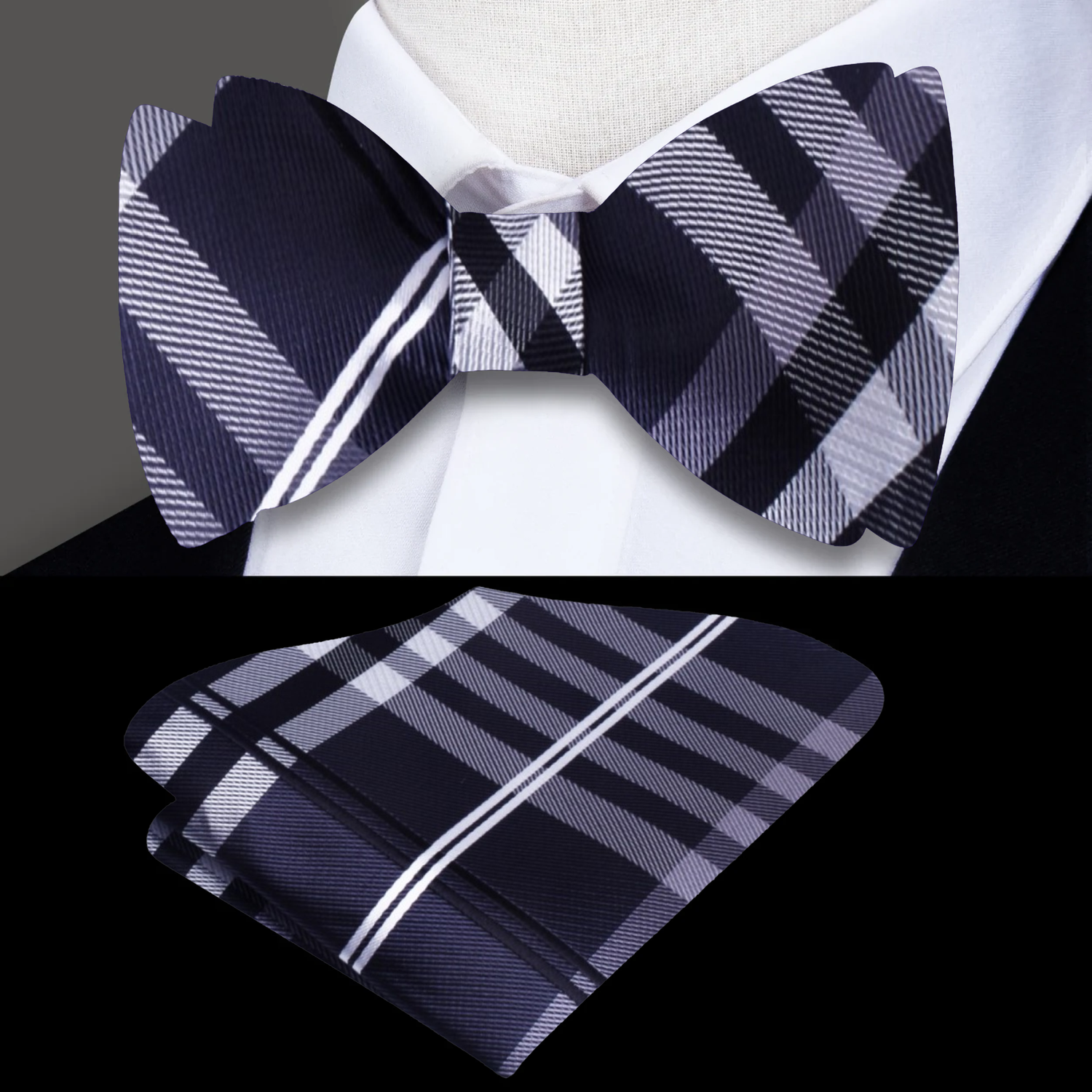 Black, Grey Accomplished Plaid Bow Tie and Pocket Square