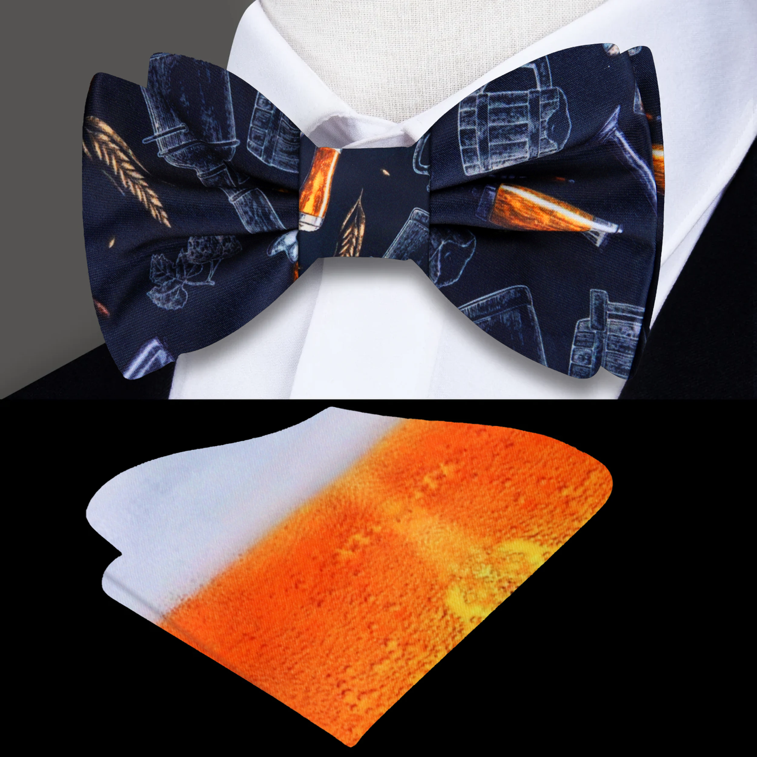 Black, Grey, Golden Amber Fresh Beer, Wheat, Hops, Fermenter Bow Tie and Accenting Pocket Square