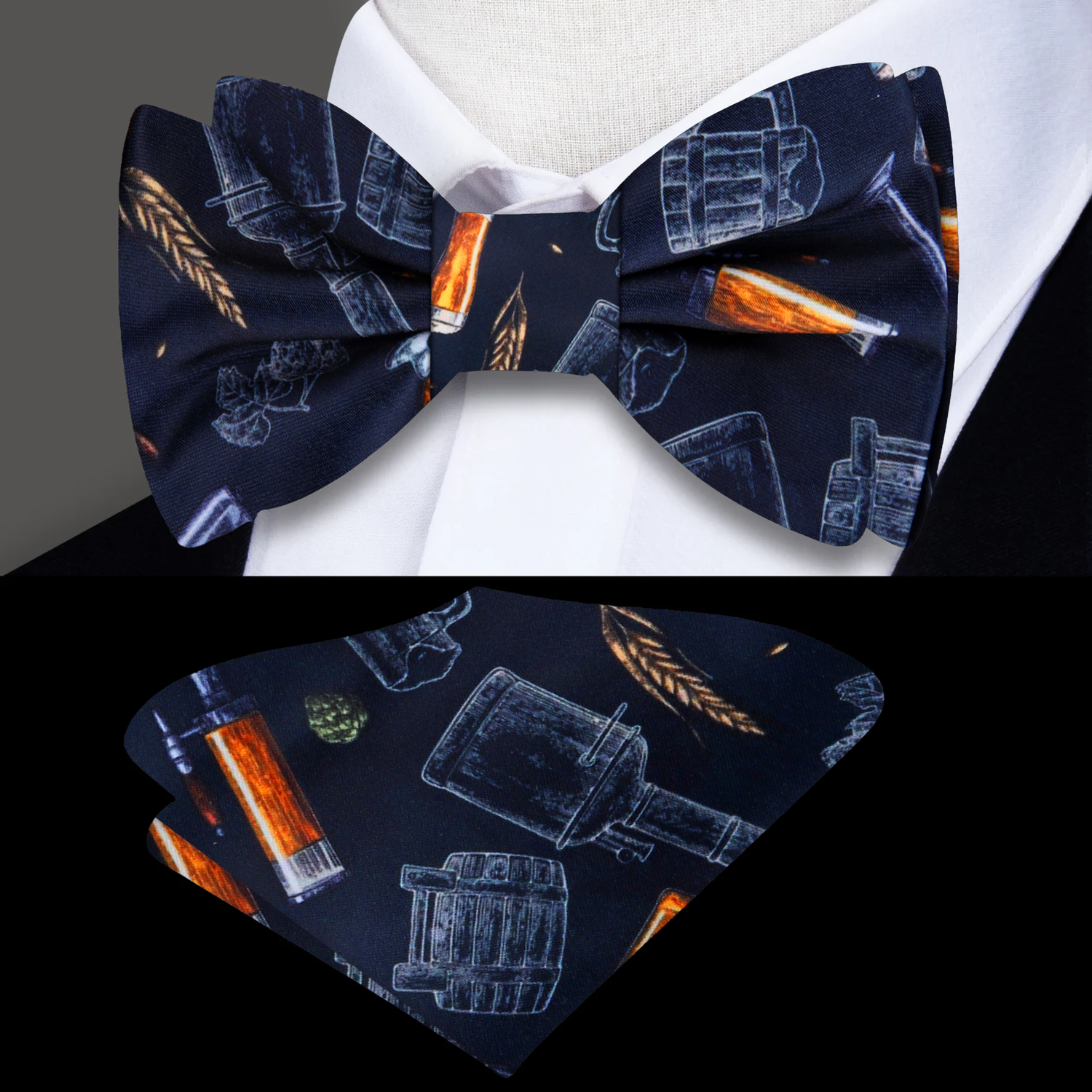 Black, Grey, Golden Amber Fresh Beer, Wheat, Hops, Fermenter Bow Tie and Pocket Square