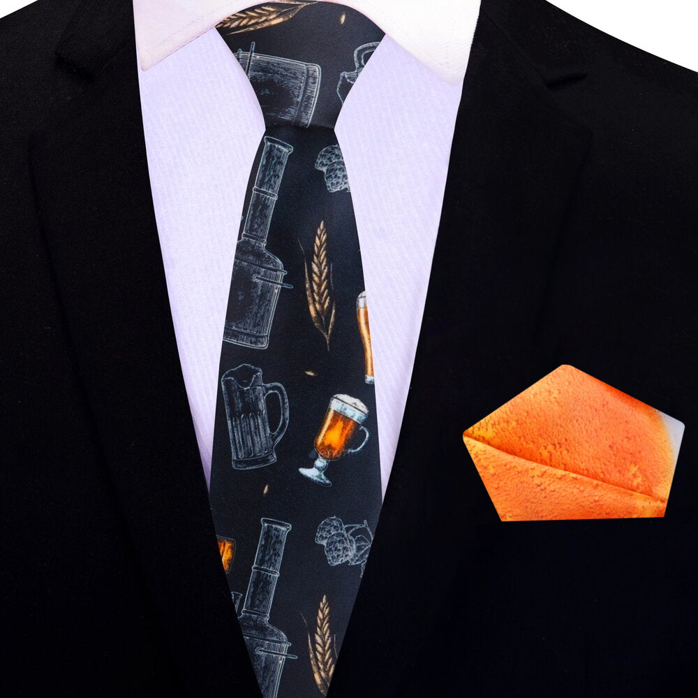 Thin Black, Grey, Amber Brewer Tie and Accenting Pocket Square