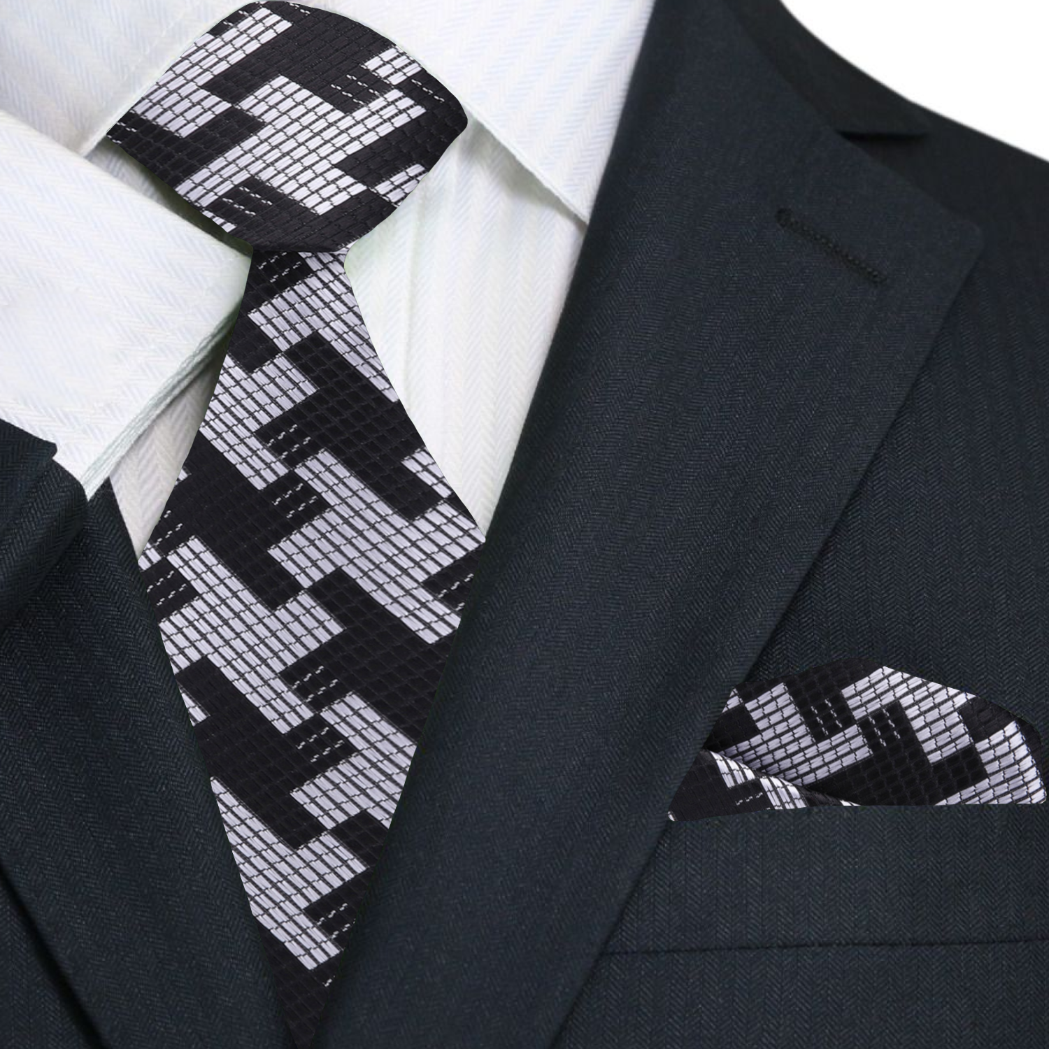 Black, Grey Big Hounds-tooth Tie and Pocket Square||Black, Grey