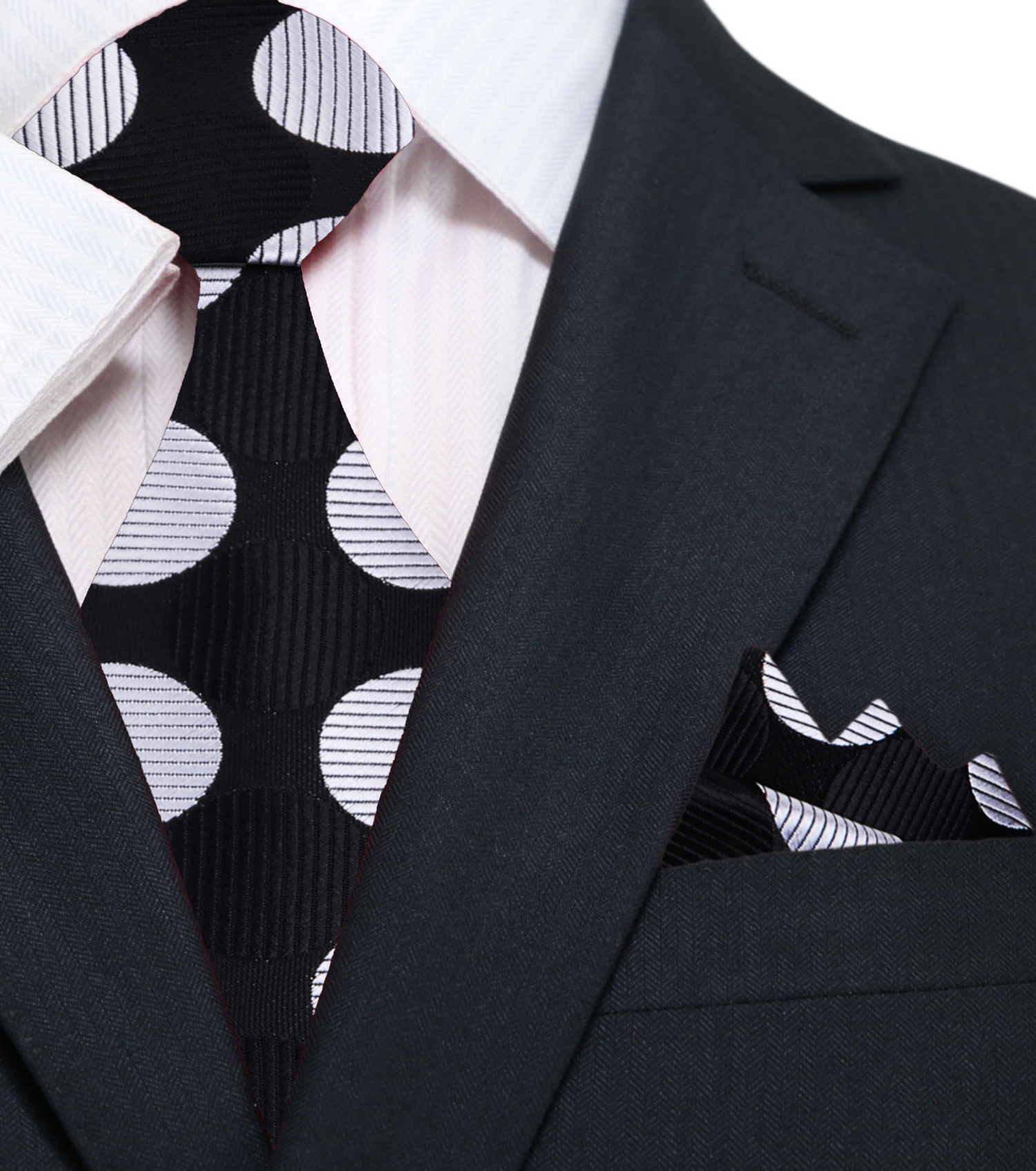 Main: A Black, Grey Large Polka Dot Pattern Silk Necktie With Matching Pocket Square||Black, Silver