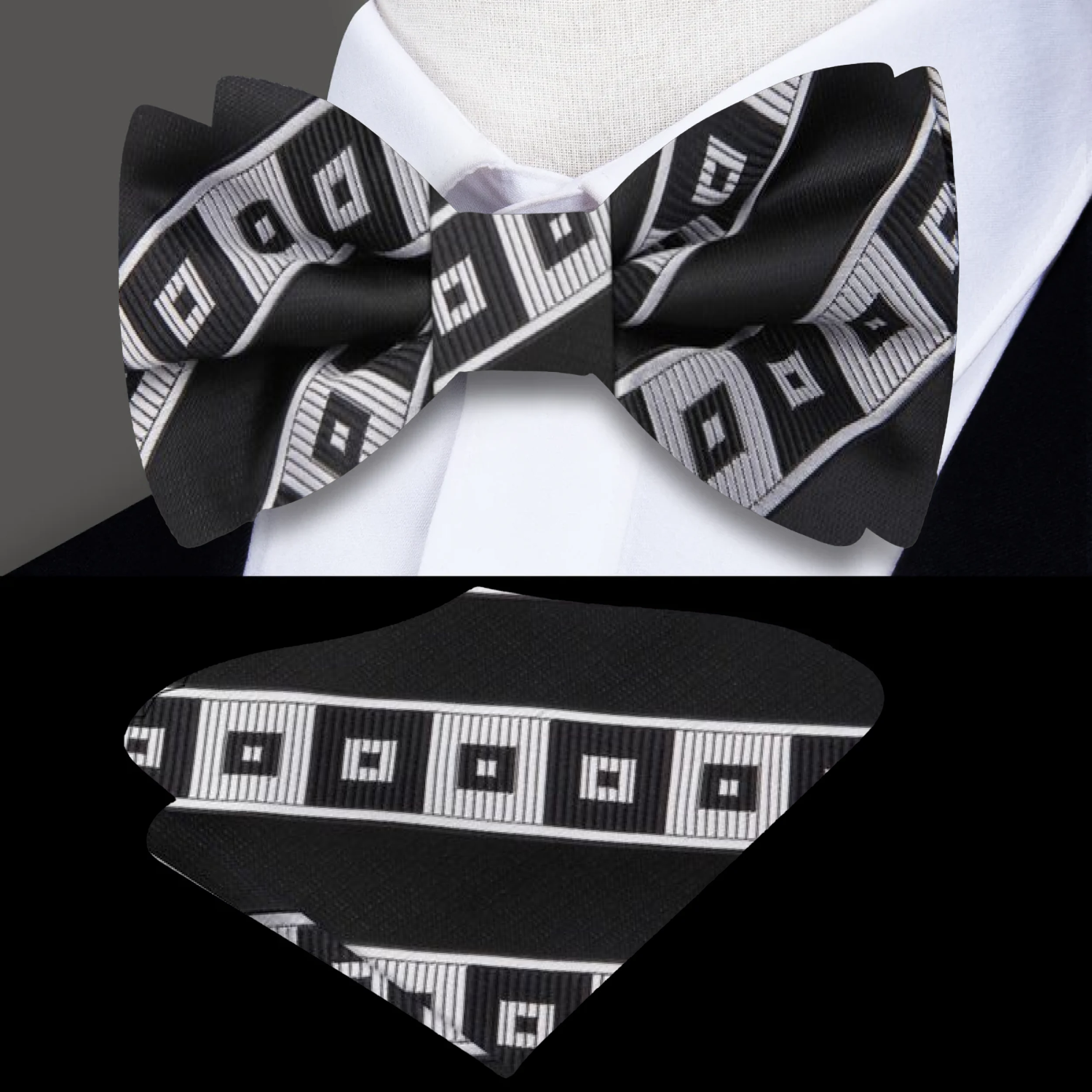 Silver and Black Scope Bow Tie and Pocket Square