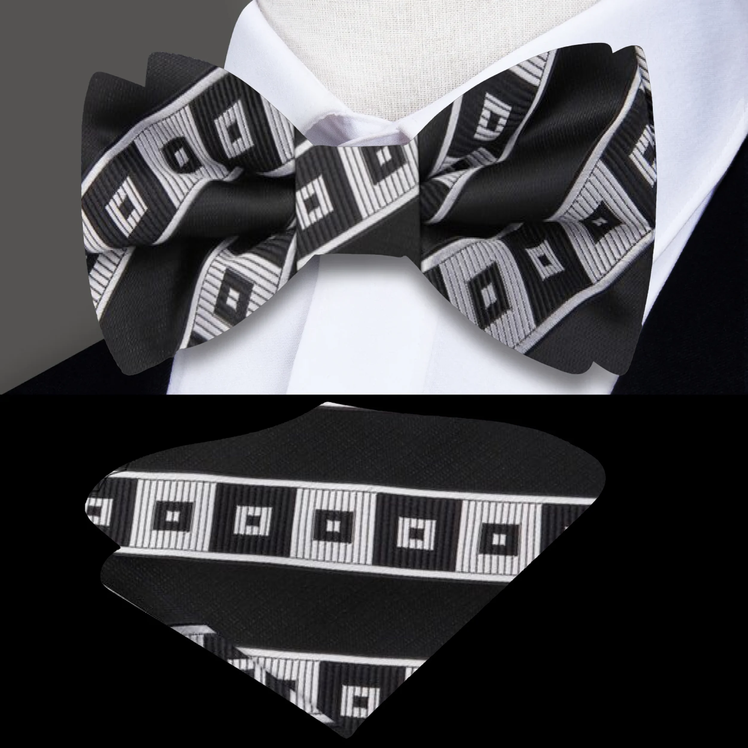 Black & Silver Geometric Blocks Bow Tie
