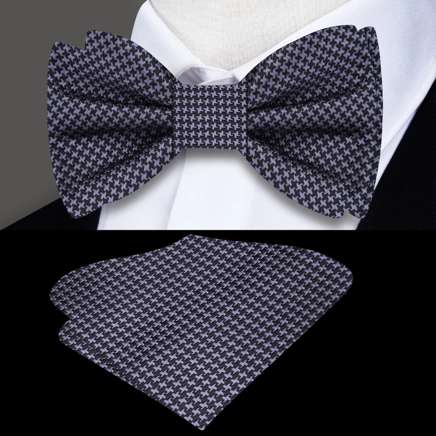 Black, Grey Hounds Tooth Bow Tie and Square