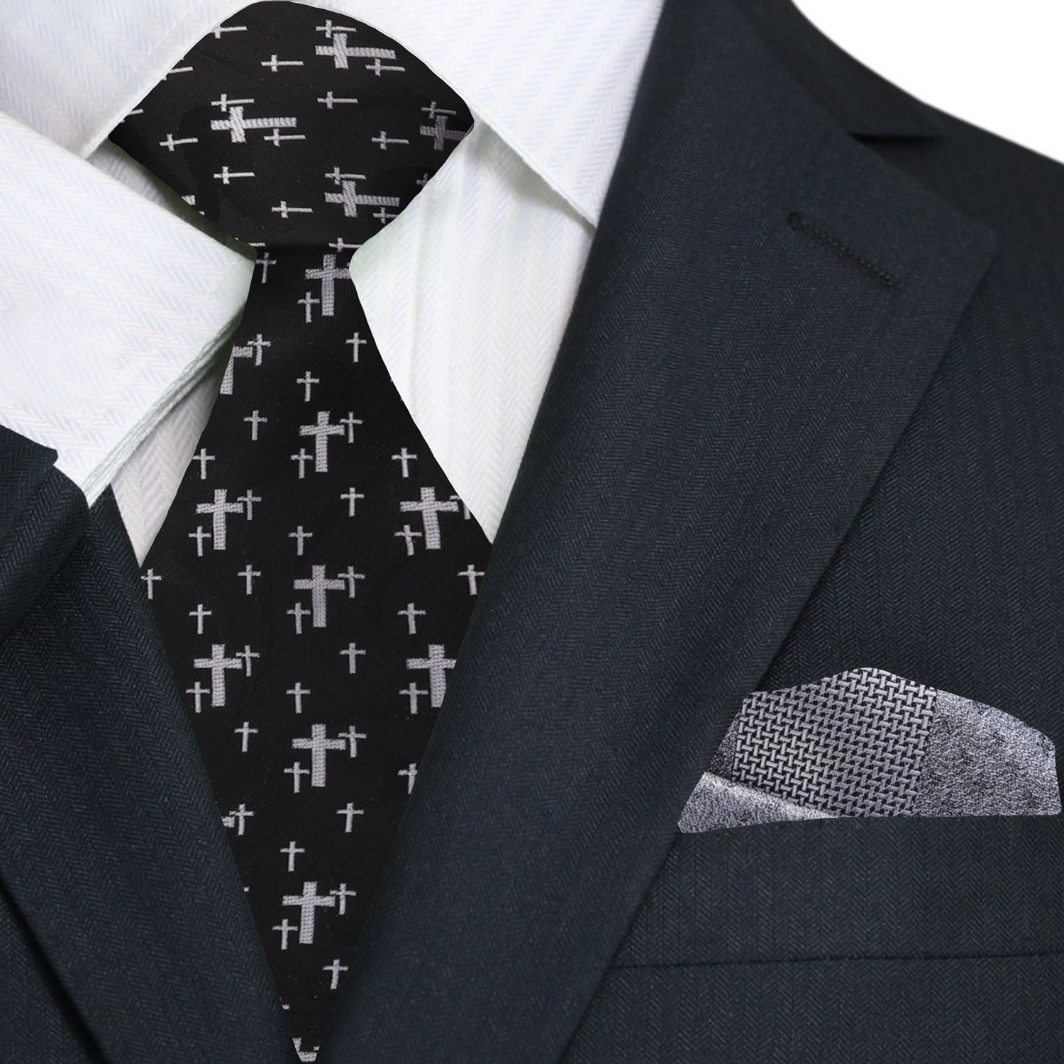 Premium: Black, Silver Crosses Necktie with Silver Pocket Square