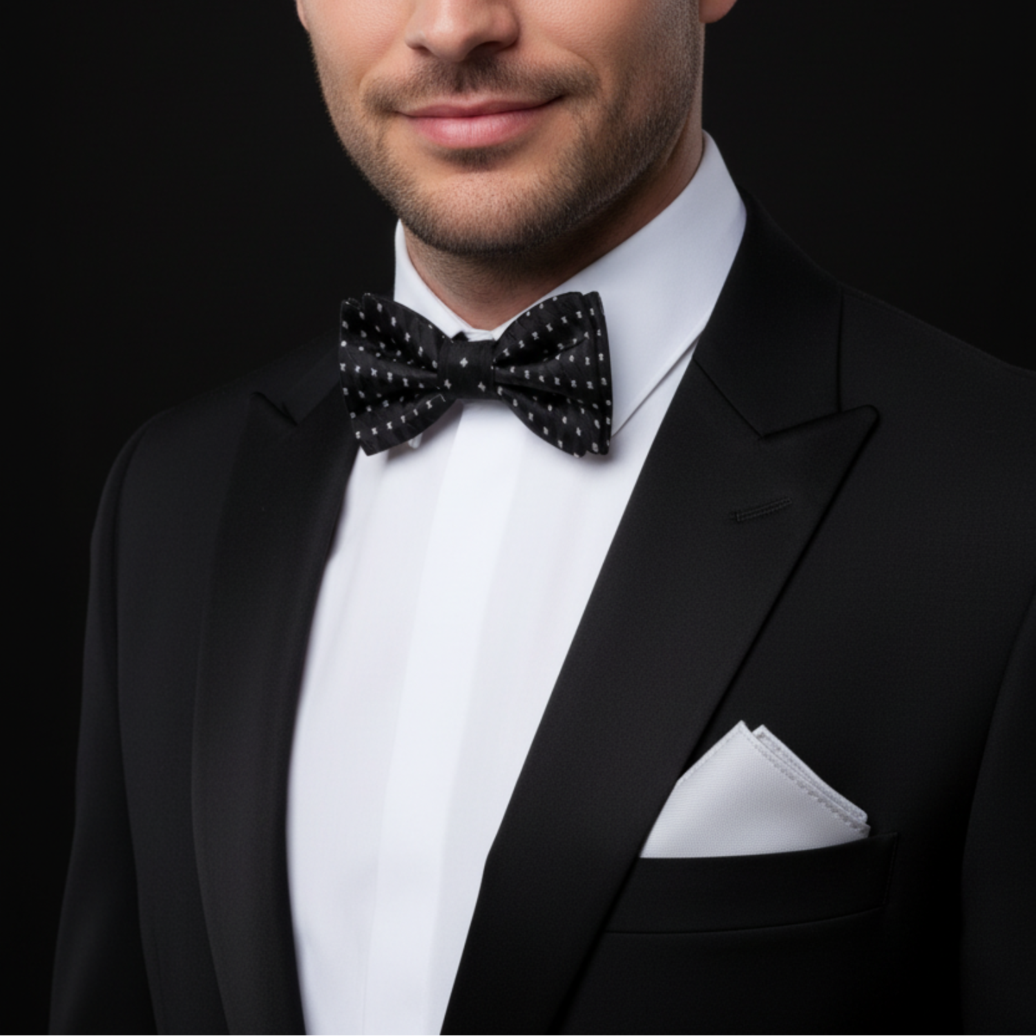 Man wearing a black tuxedo with a bow tie on a dark background