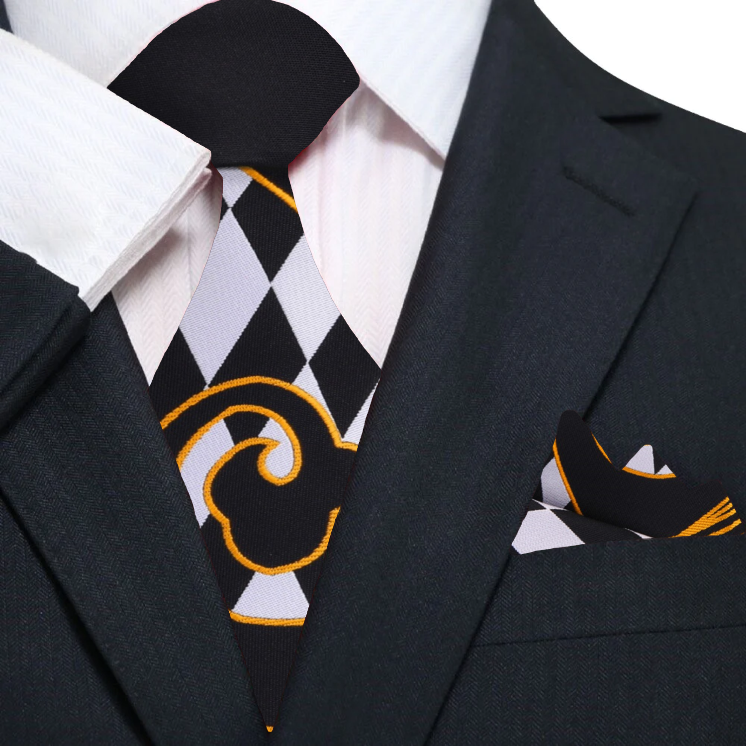 Primary View: Silky Black, Sun Gold, Shadow White With Abstract Pattern And Check Designs Tie and Square