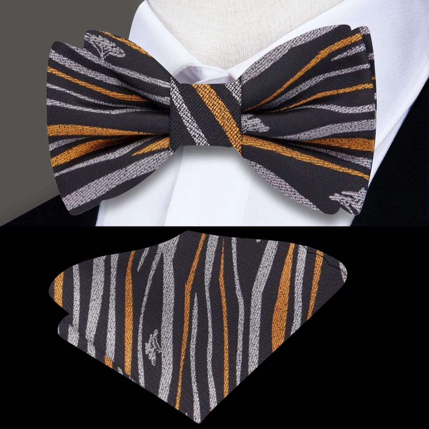 Black, Orange, Grey Abstract Bow Tie and Pocket Square