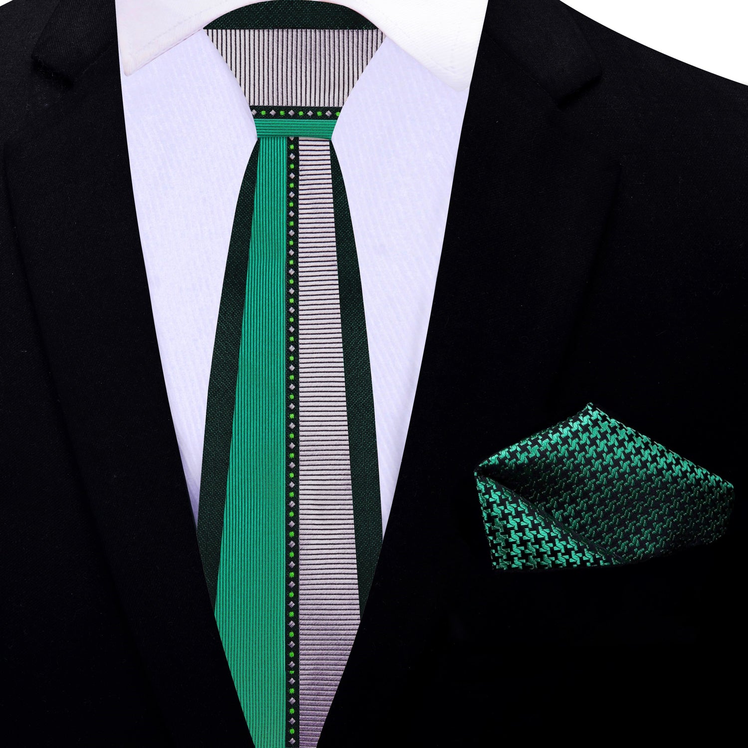 Thin Tie: Black, Green, Grey Abstract Tie with Green, Black Hounds Tooth Pocket Square