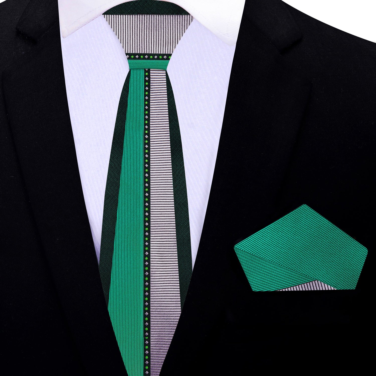 Thin Tie: Black, Green, Grey Abstract Tie with Matching Pocket Square