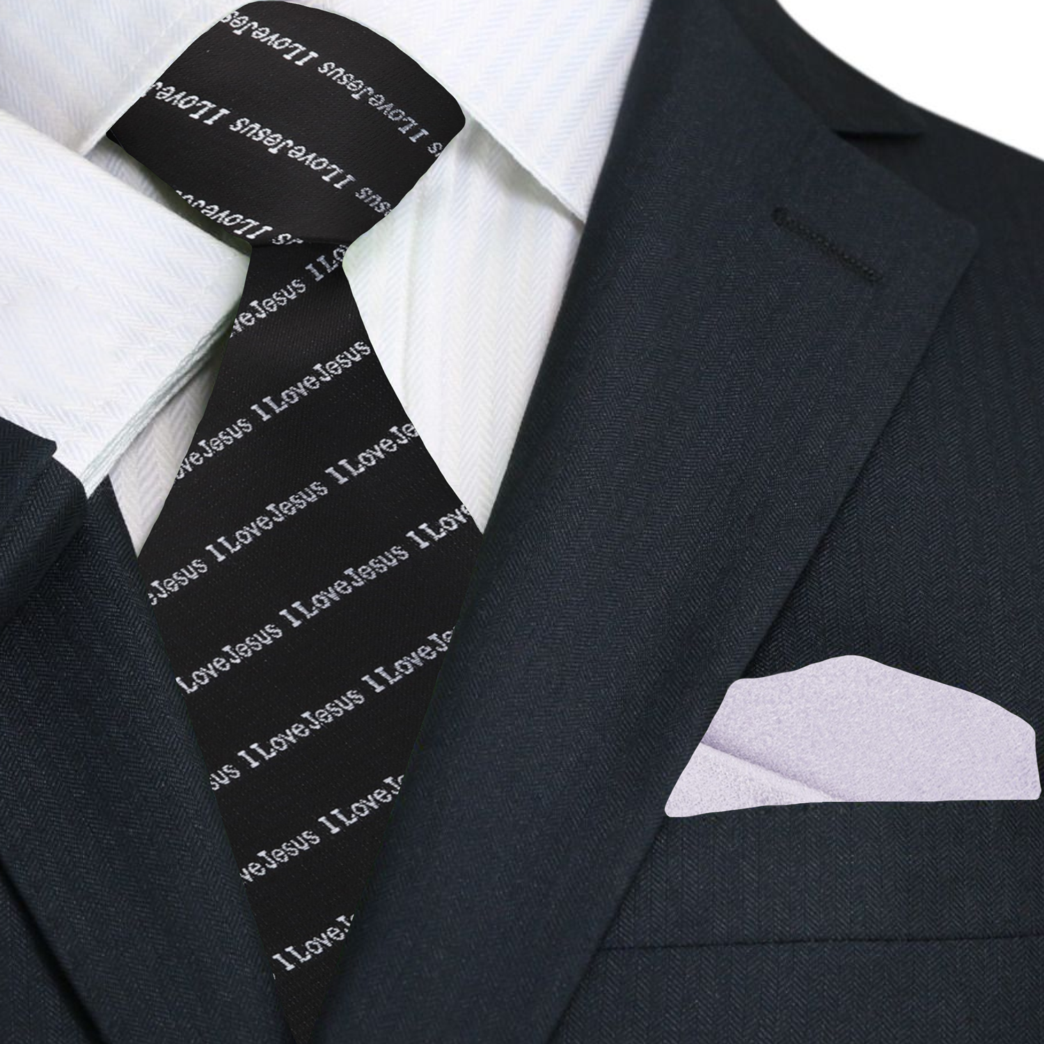 Primary: Black. Silver I love Jesus Necktie and Accenting Silver Square