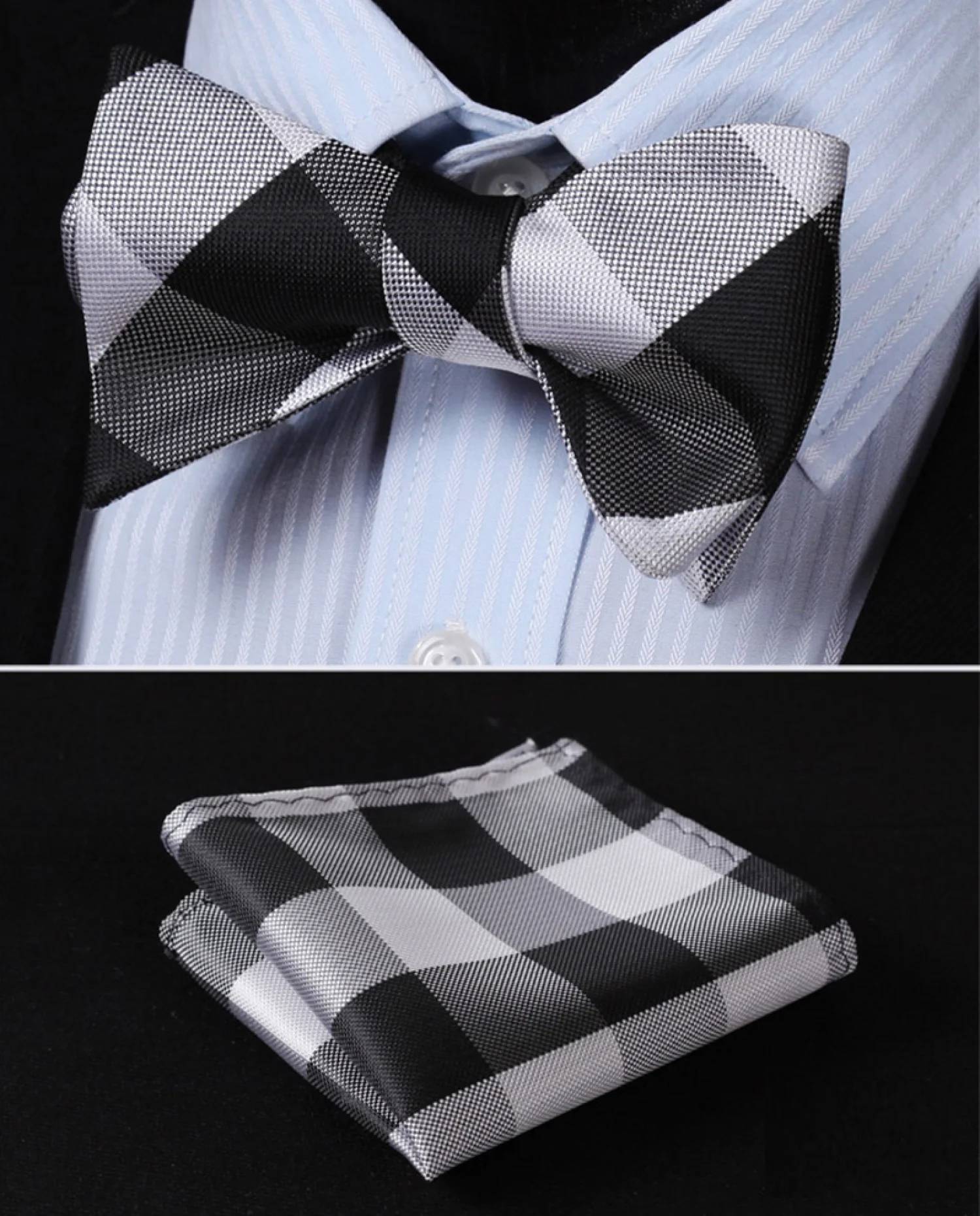 Black, Grey Plaid Bow Tie and Square