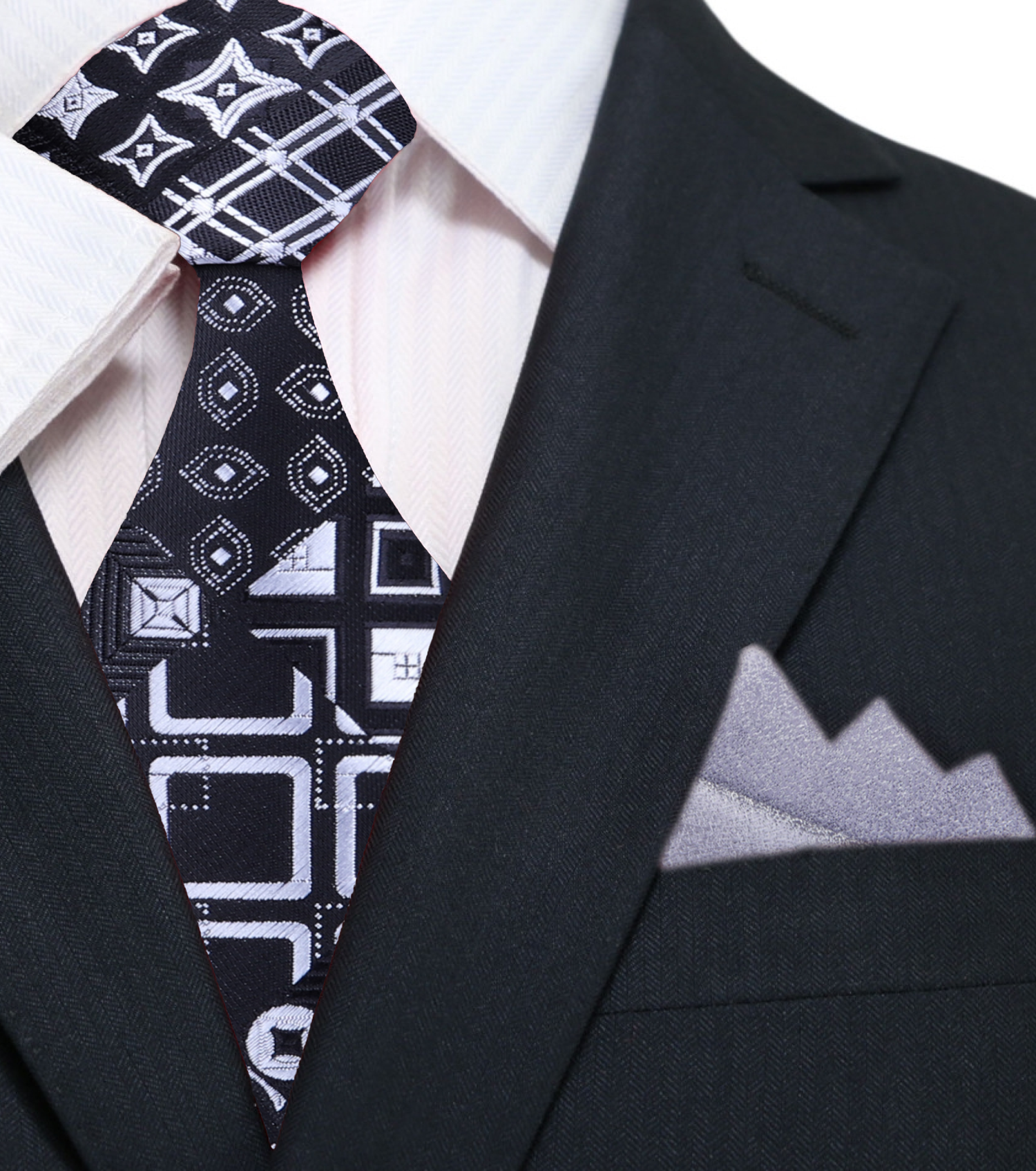 Black, Grey Abstract Tie with Silver Square