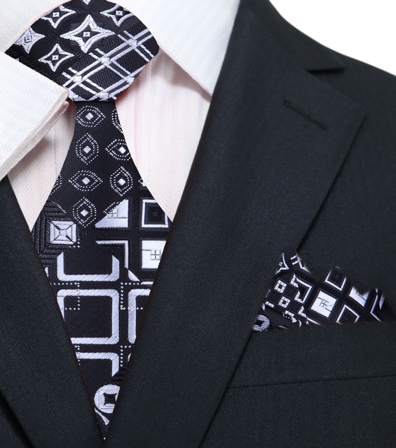 A Black, Grey Abstract Geometric Shapes Pattern Silk Necktie, Matching Pocket Square