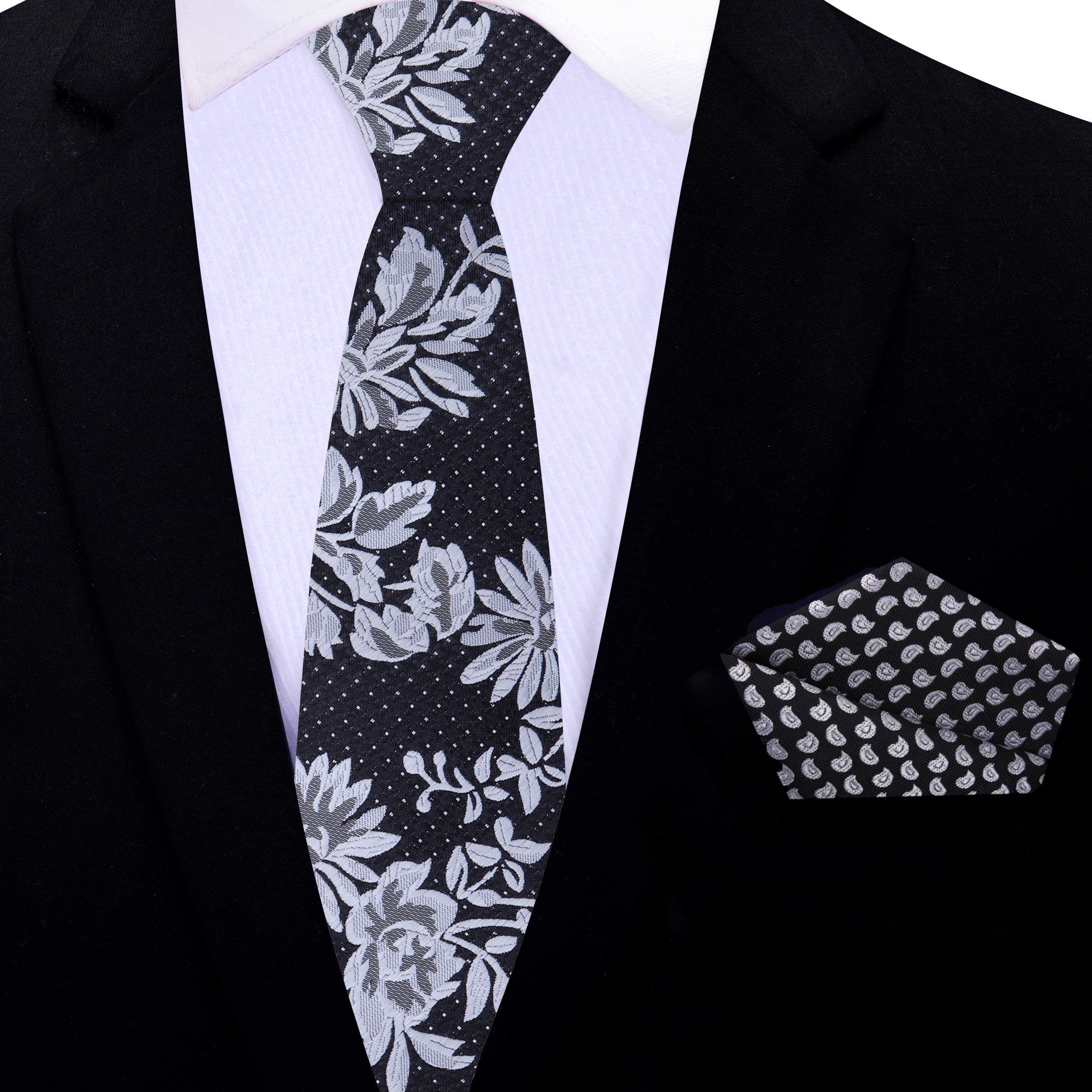 Black Silver Floral Necktie for Weddings, Formal Dinners & Suit Style Black Silver Floral Necktie for Weddings, Formal Dinners & Suit Style
