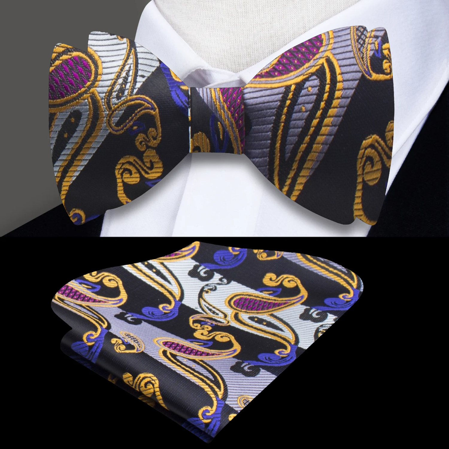 A Black, Orange, Grey Paisley Pattern Silk Self Tie Bow Tie, Matching Pocket Square