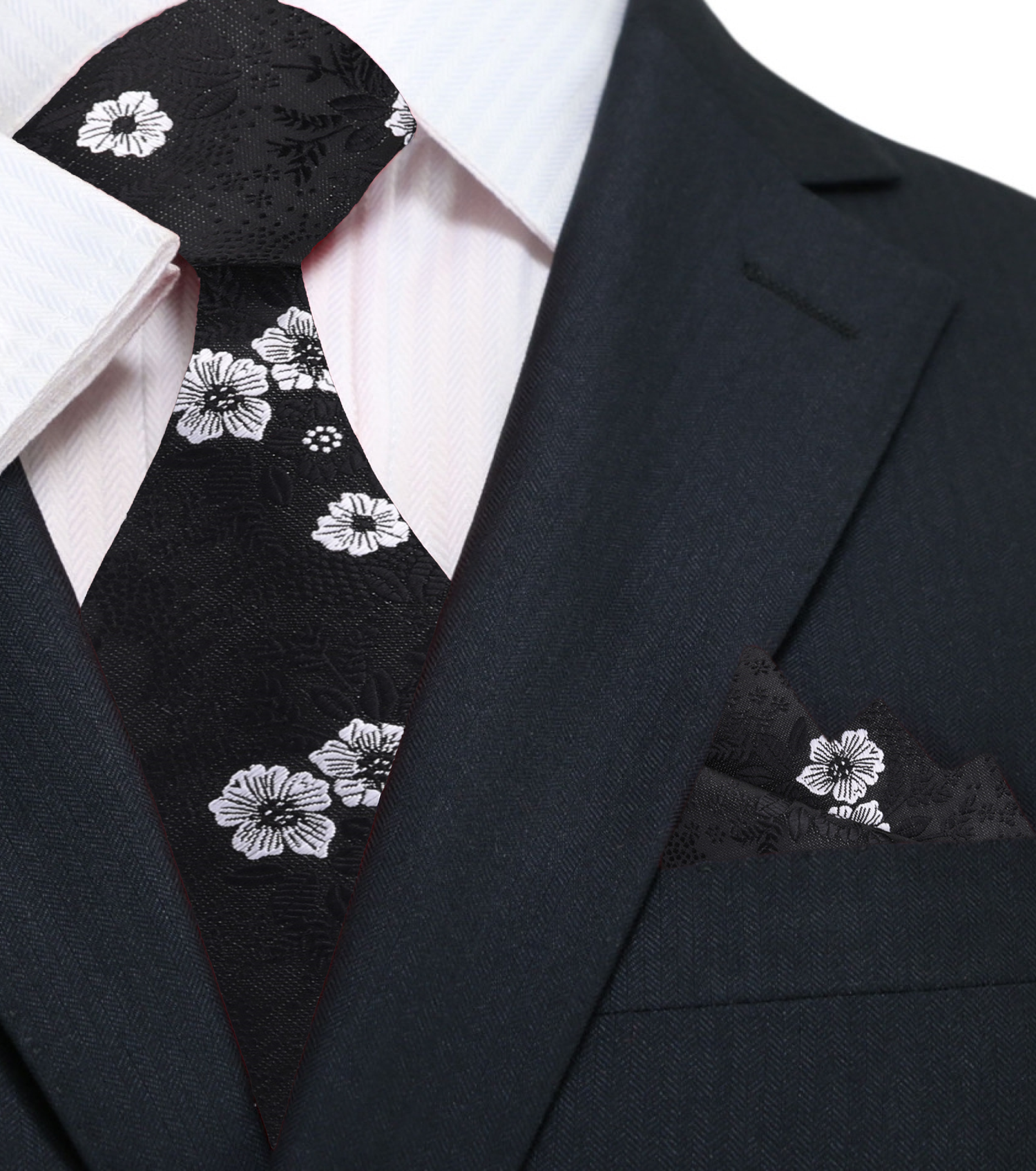 Black, White Floral Tie and Pocket Square