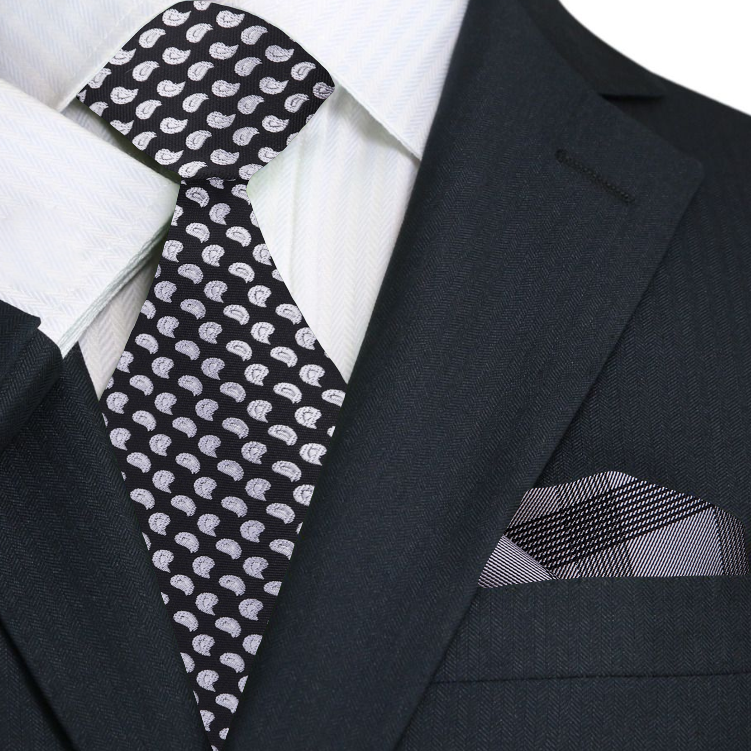 Premium Alt View: Black, Grey Paisley Necktie and Accenting Plaid Square